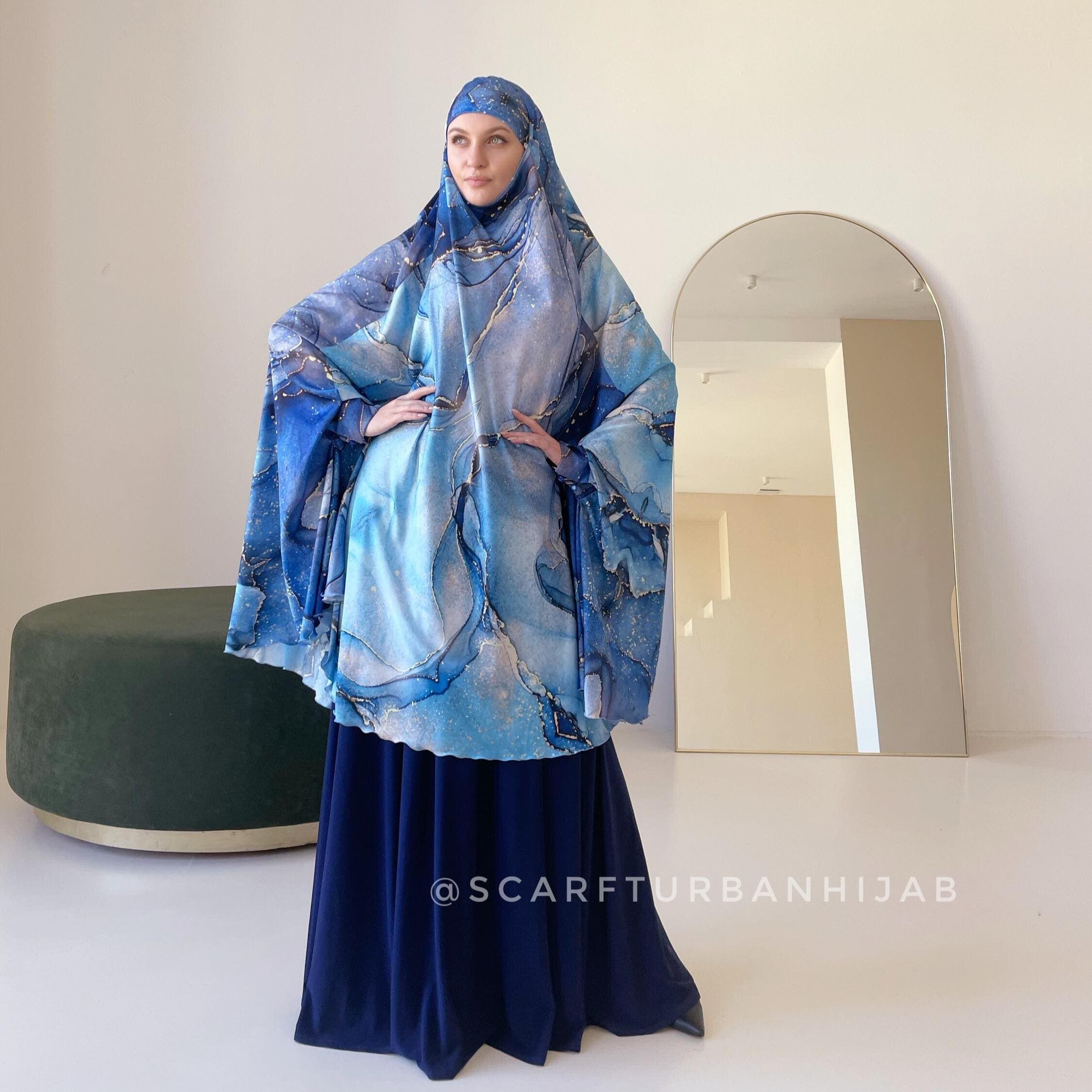 Unique Gemstone Print Silk khimar with Flared Silhouette, blue jilbab