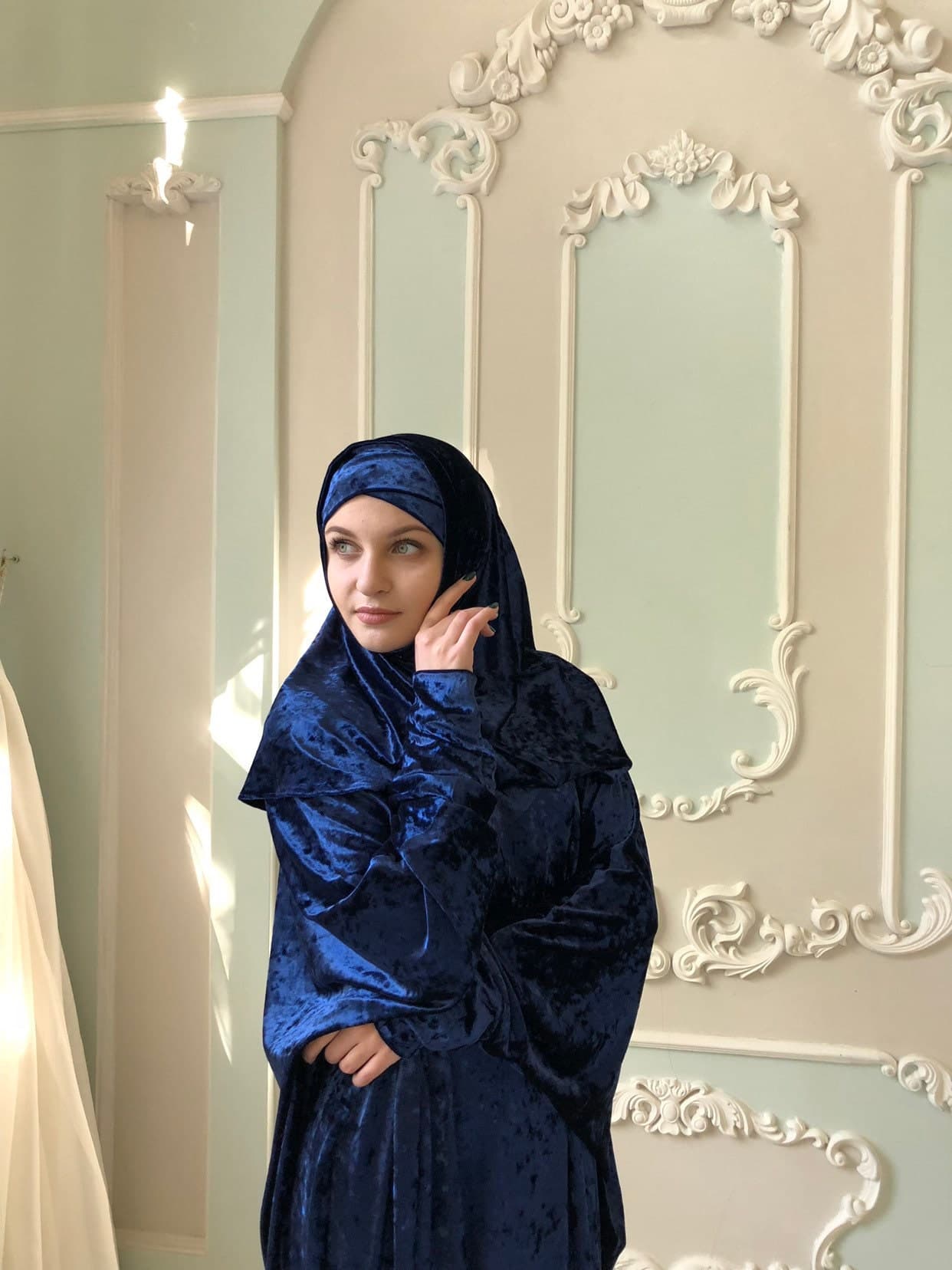 Bohemian Navy Blue Velvet Maxi Dress with Alamira Hijab - image 4