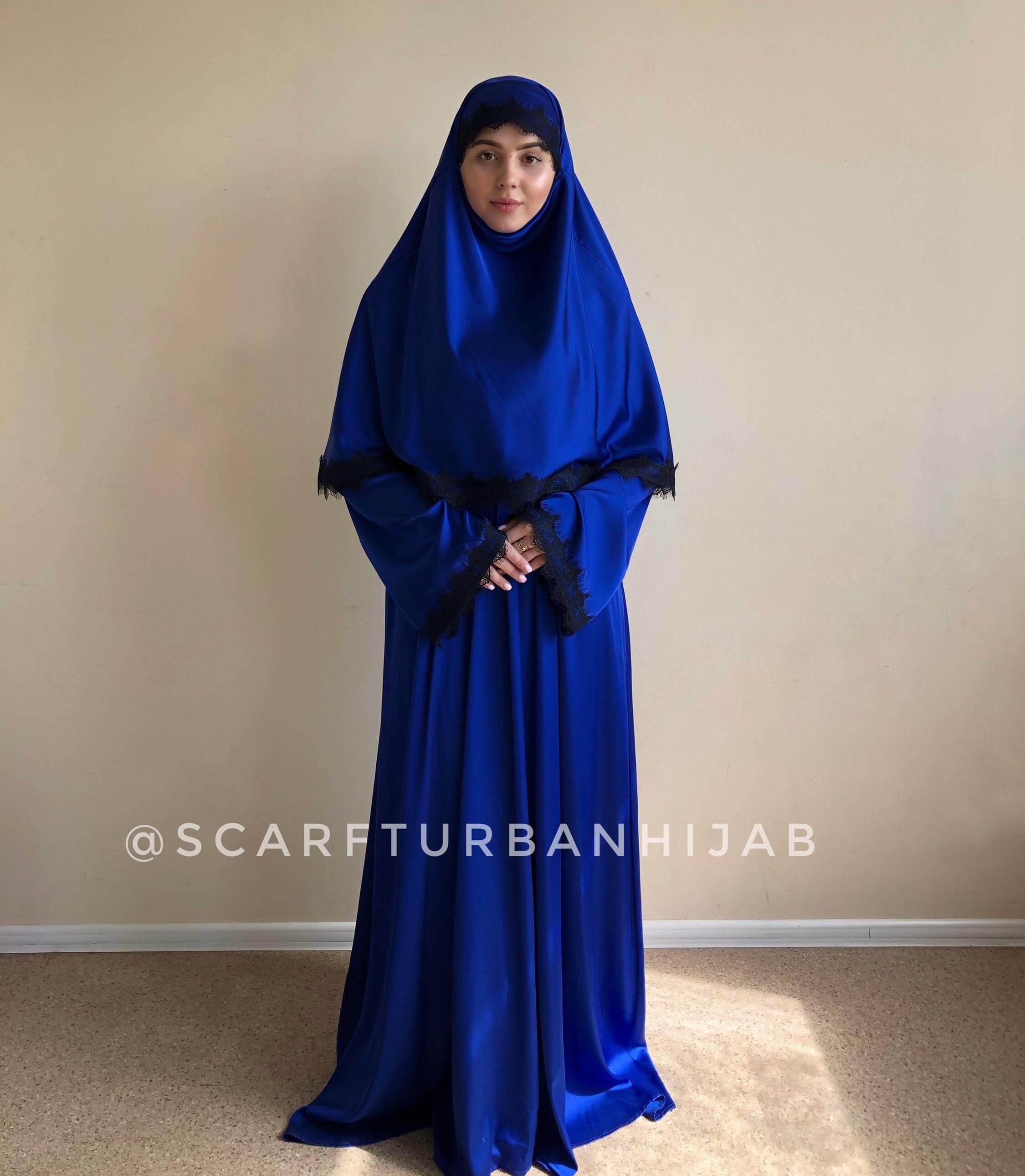 S-M size Royal blue silk elegant dress, lace abaya, stylish hijab, modesty clothing