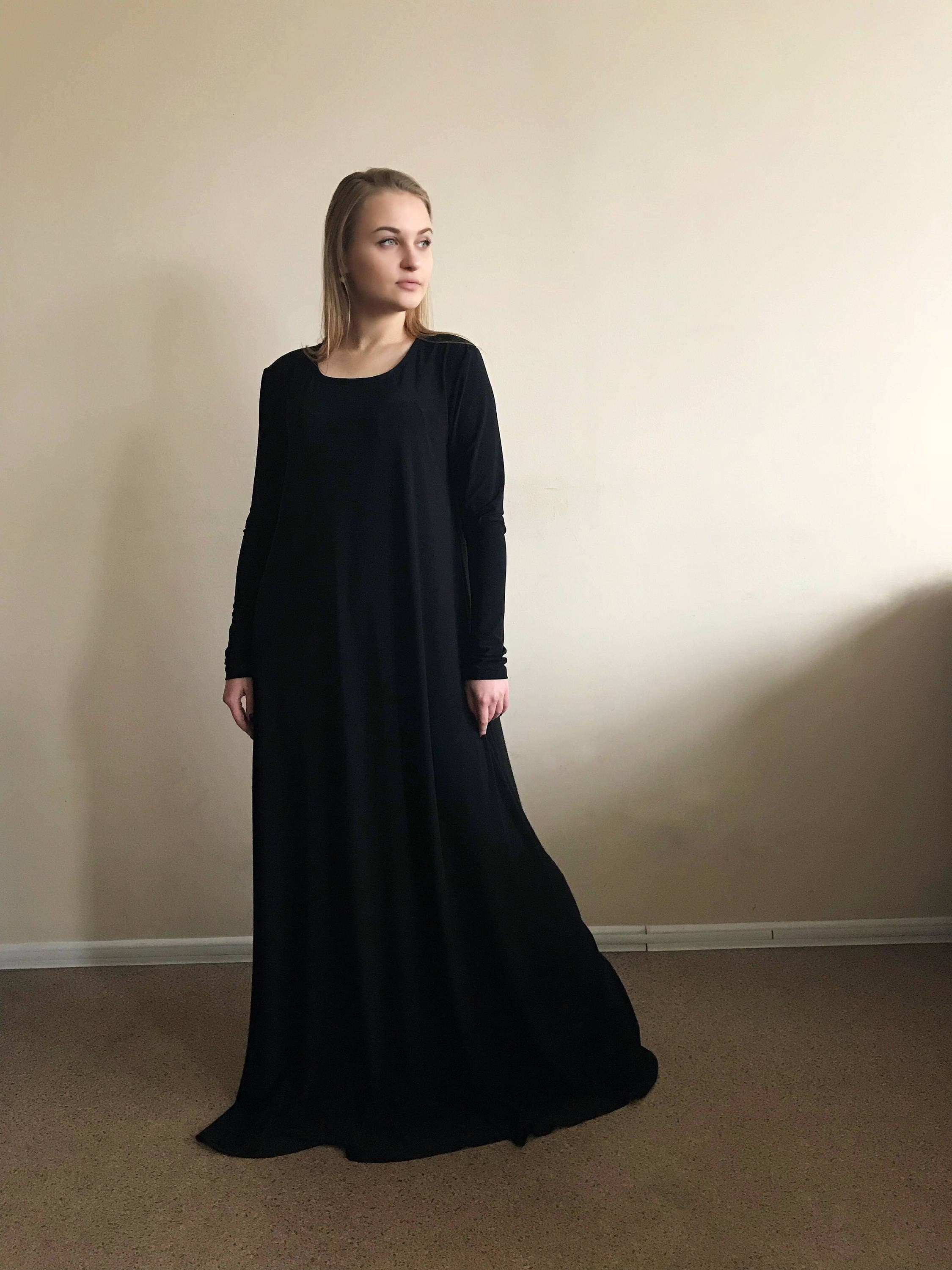 Black Jersey Maxi Dress, Long Sleeve Oversize Abaya, Elegant Basic Style - image 5