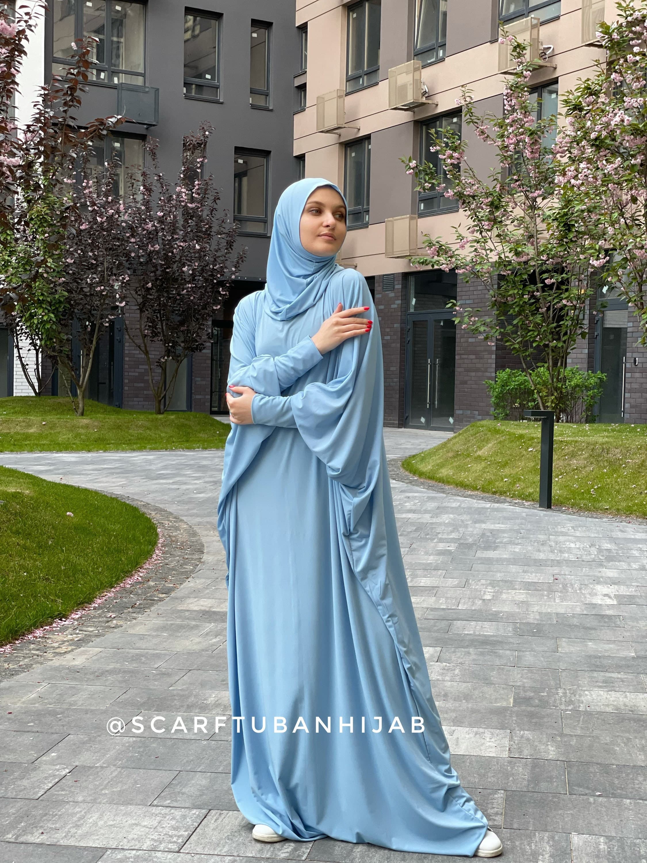 Sky Blue Prayer Dress, Attached Hijab, Farasha Caftan Abaya