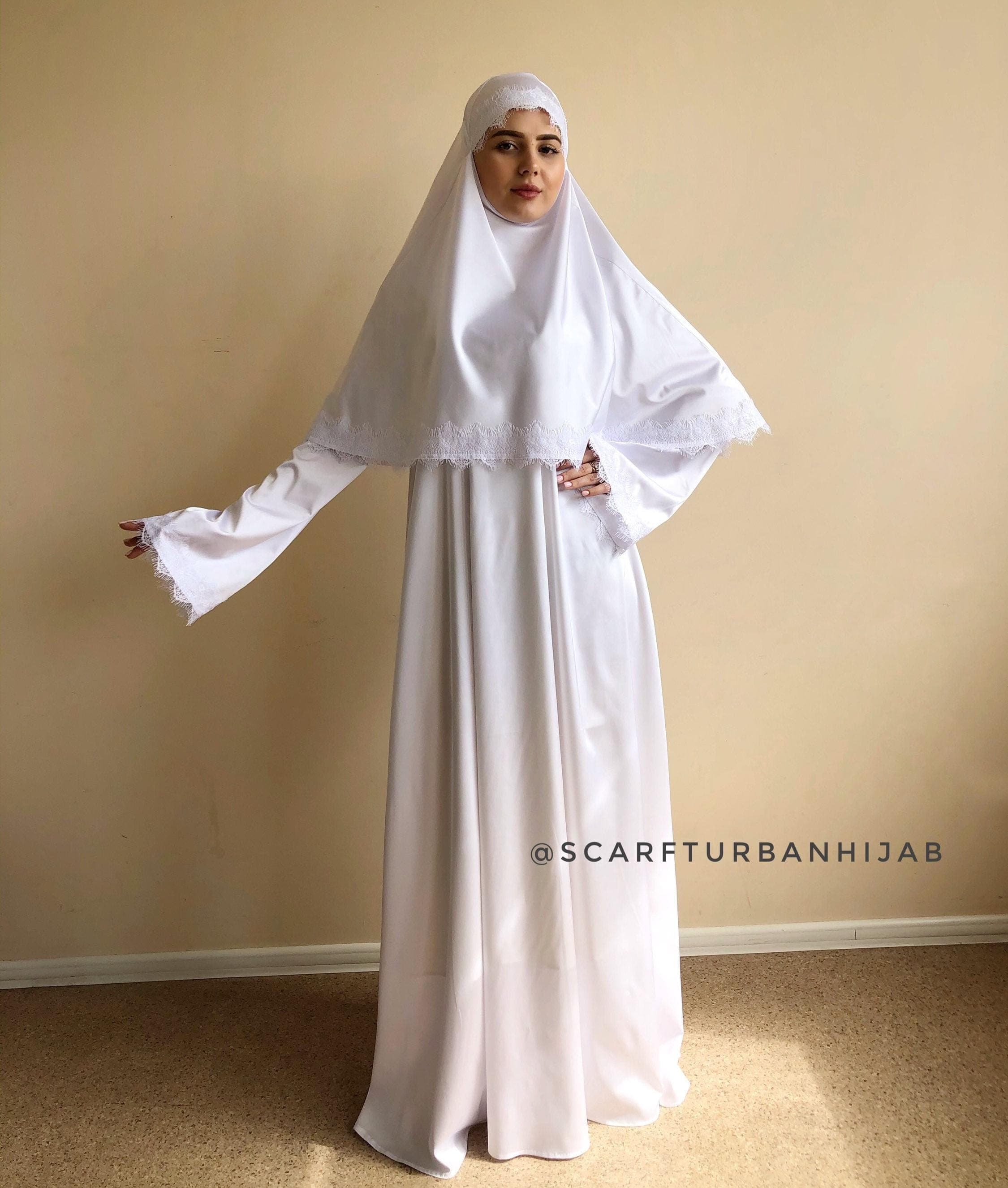 White Silk Maxi Dress with Lace Hijab Khimar (S-M)