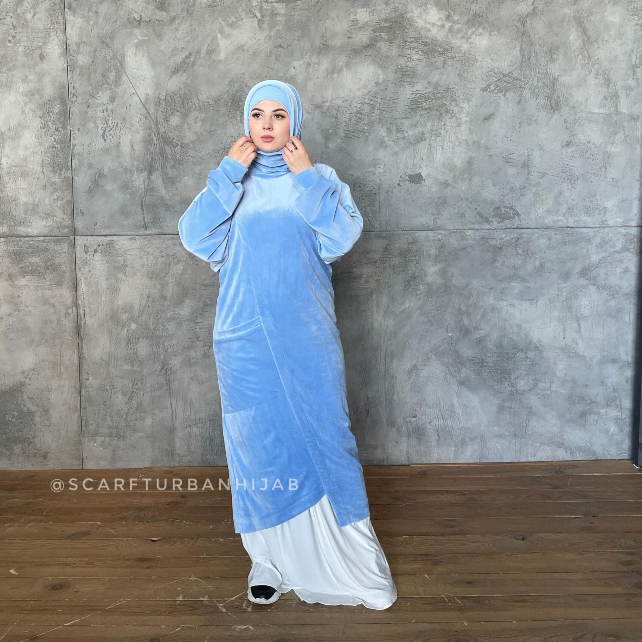 Sky blue plush velour long tunic with skirt,  winter hijab dress