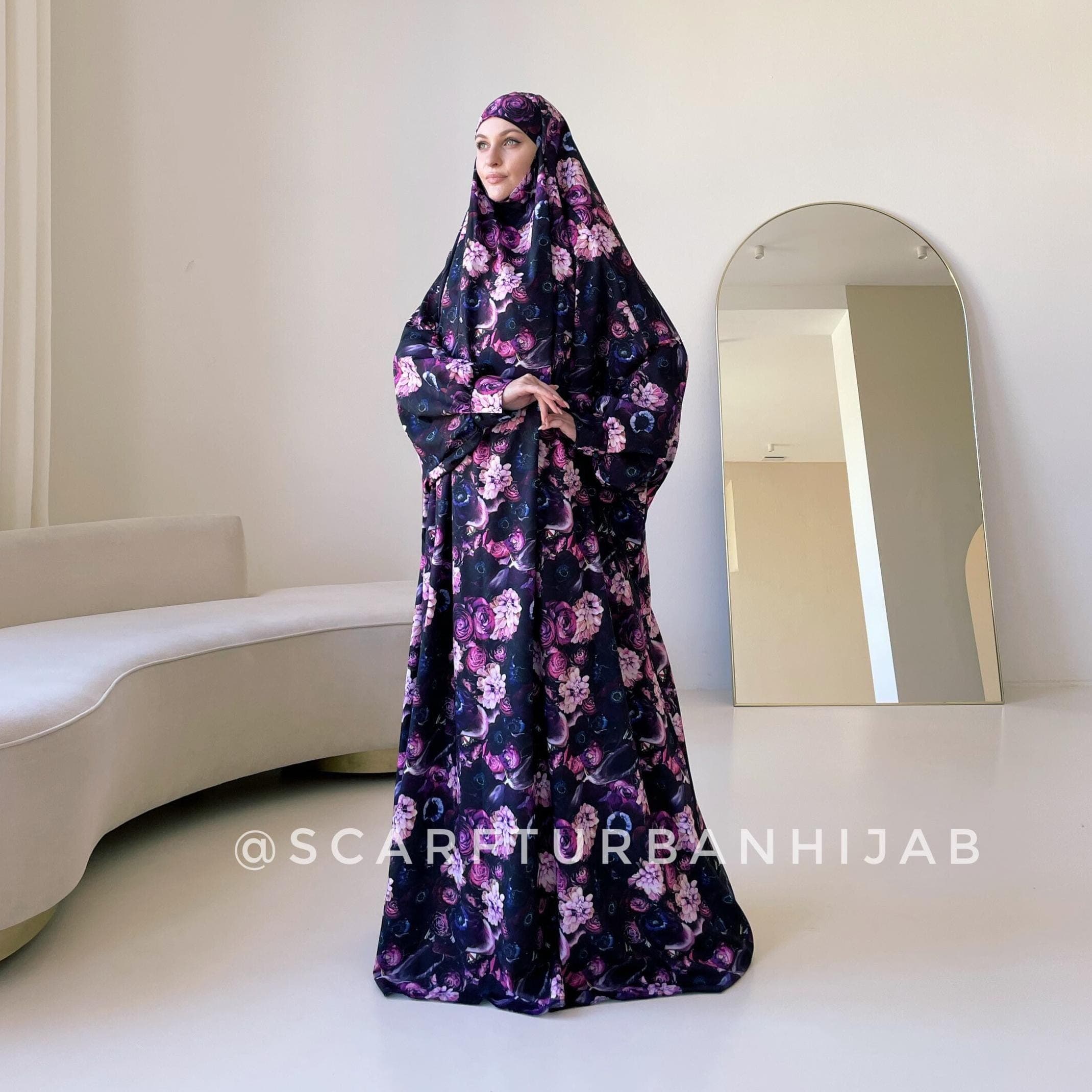 Length 170 cm Dark long khimar with floral print