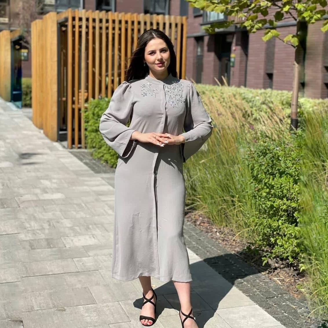 Light Grey Crepe Maxi Dress, Embellished Shoulder, Nursing Friendly - image 4