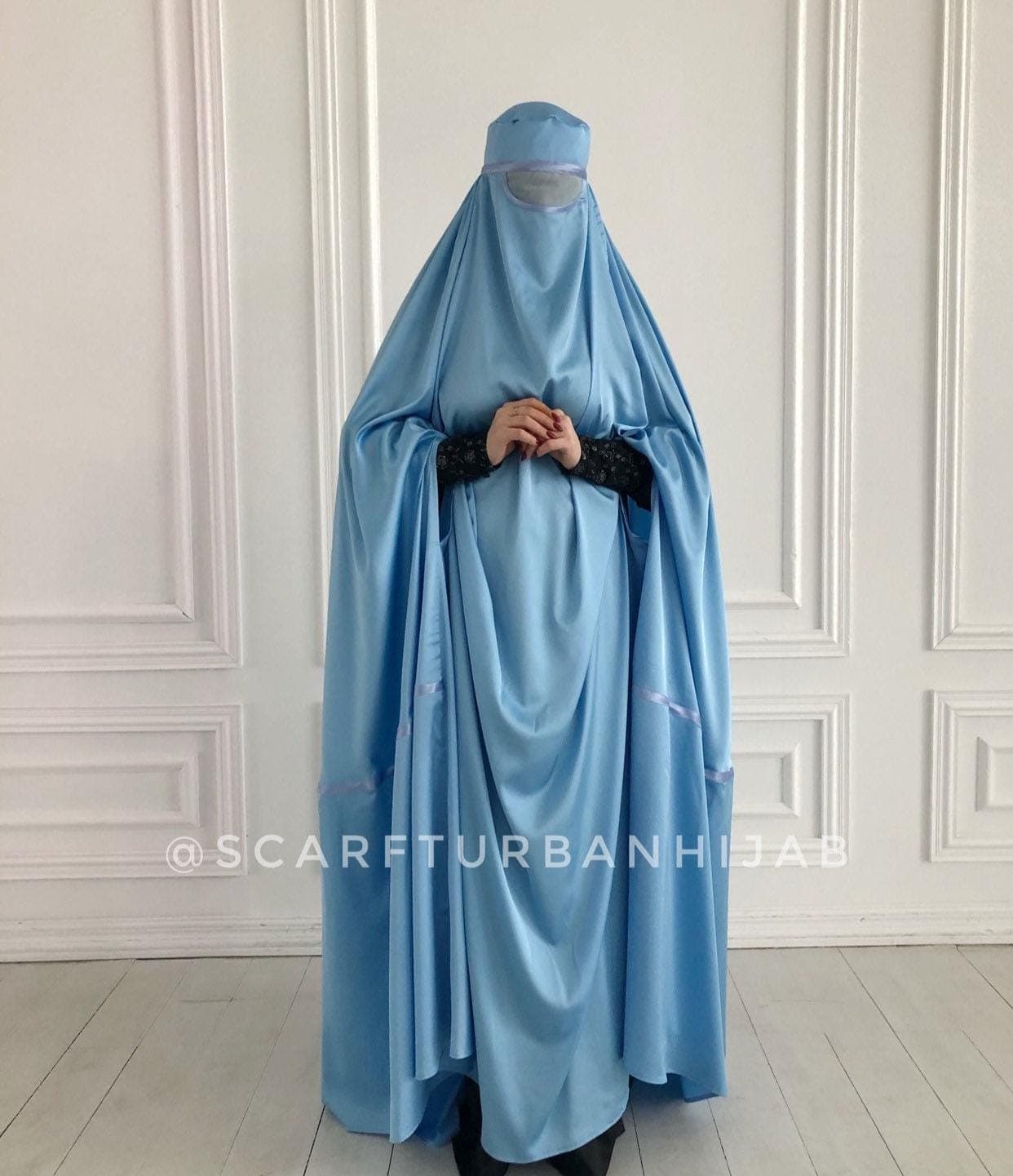 Sky Blue Afghan burqa, silk khimar cape, niqab, full long hijab