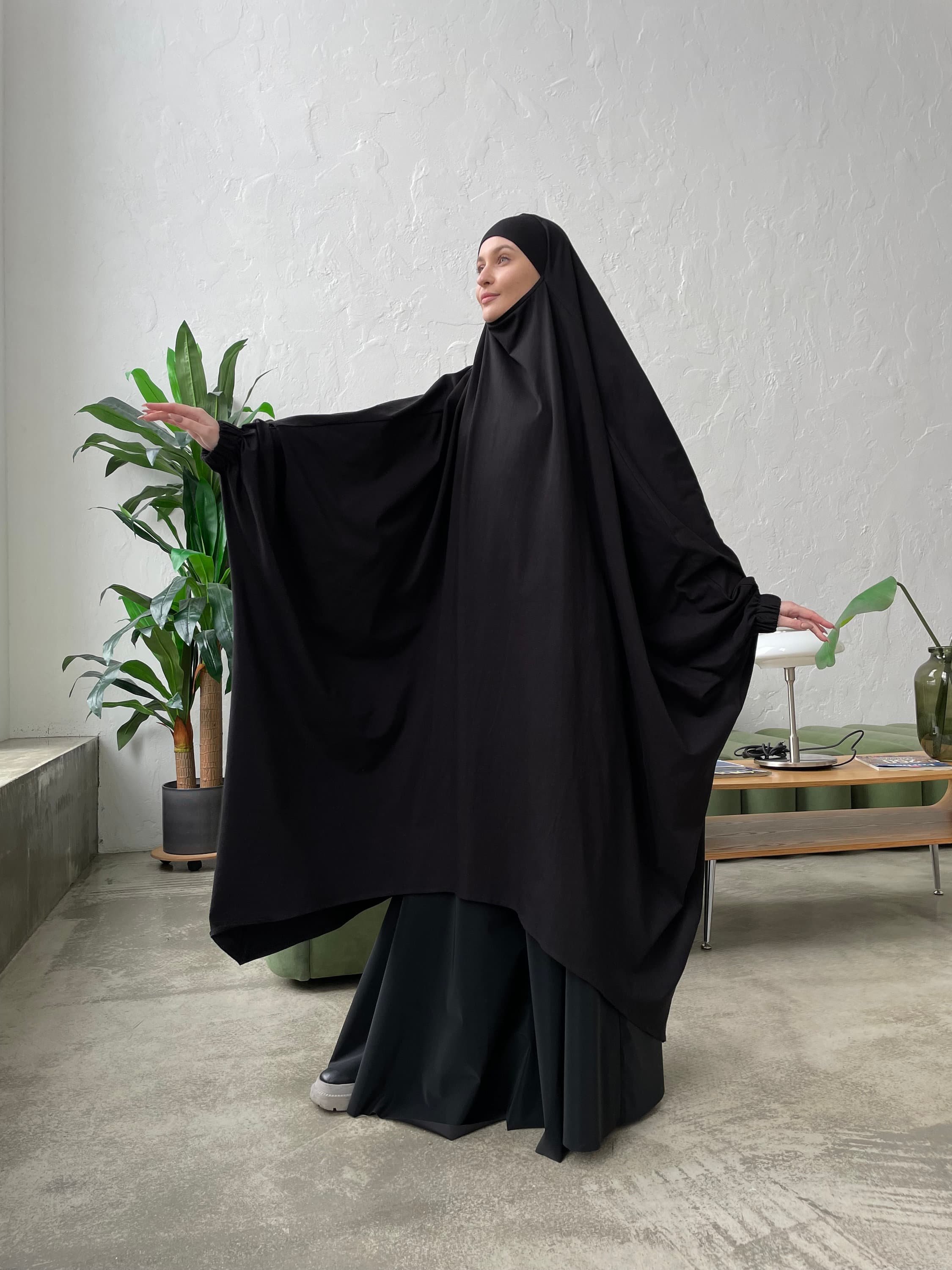 Elegant long black cotton jersey khimar asymmetrical length
