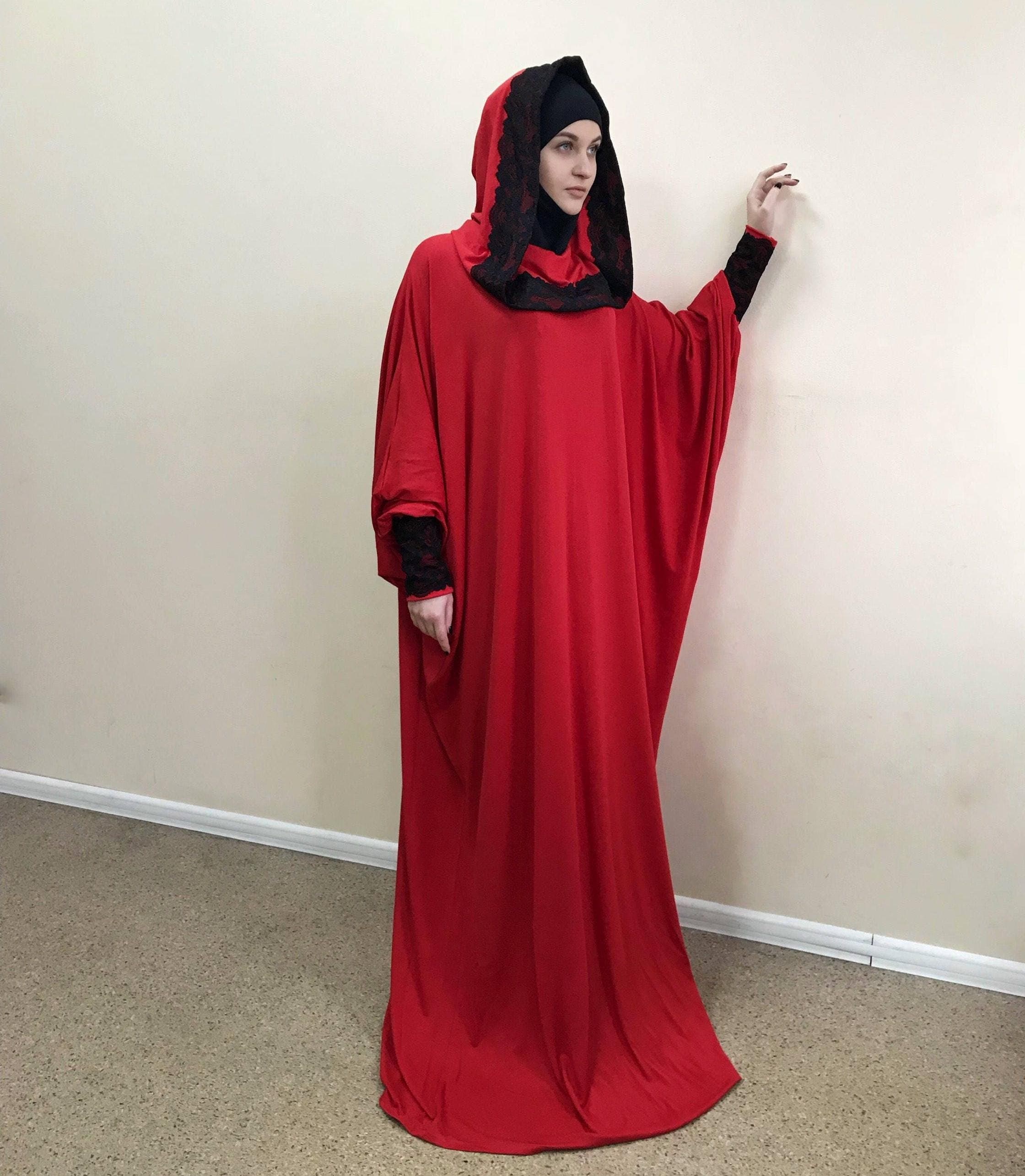 Red Hooded Maxi Dress, Elegant Lace Cuffs, Plus Size Kaftan