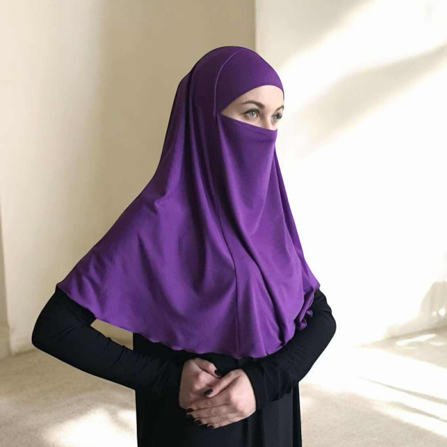 Purple niqab transformer, traditional hijab, 1 piece hijab, ready to wear hijab, prayer scarf