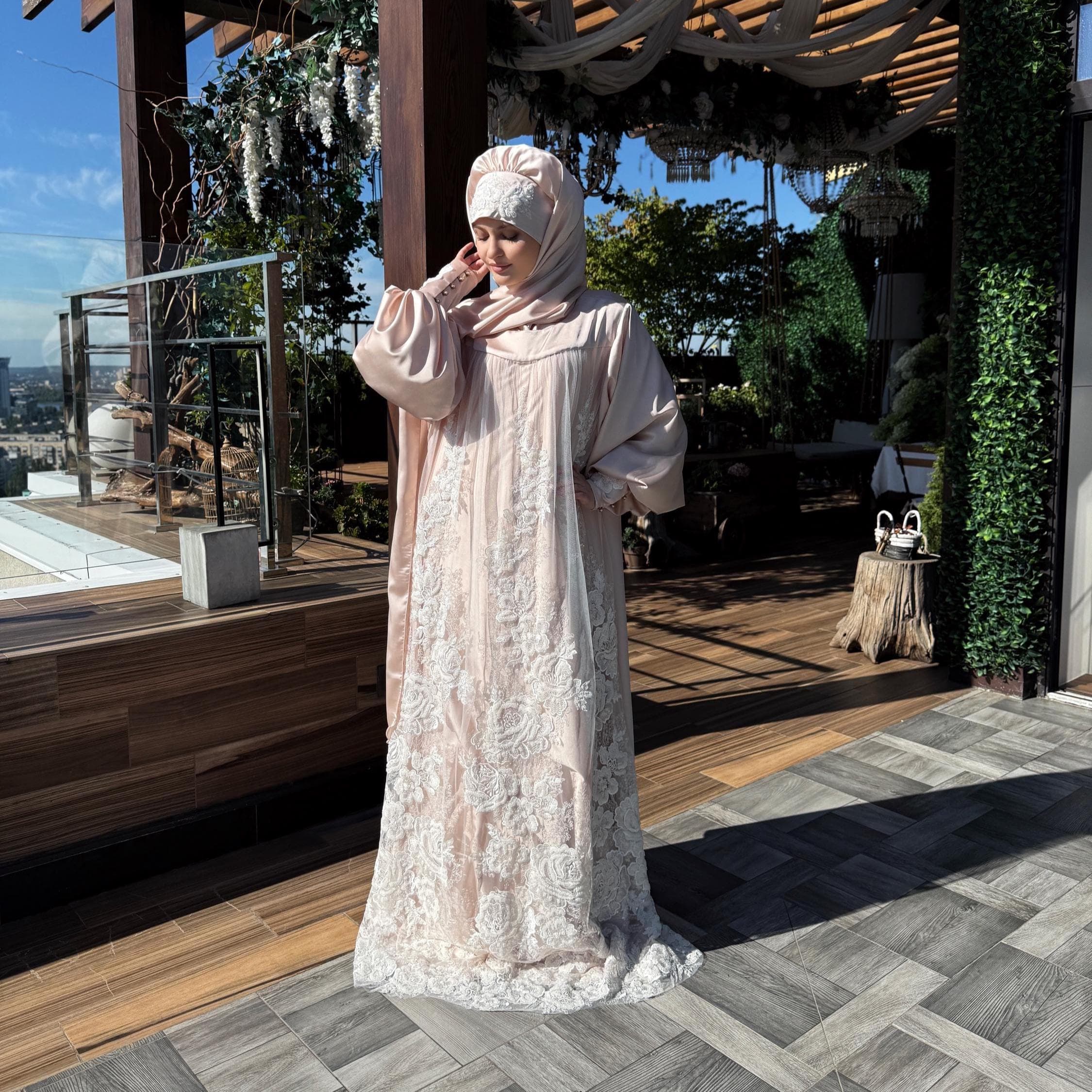 Beige Silk Maxi Dress with Lace, Modest Islamic Wedding Dress