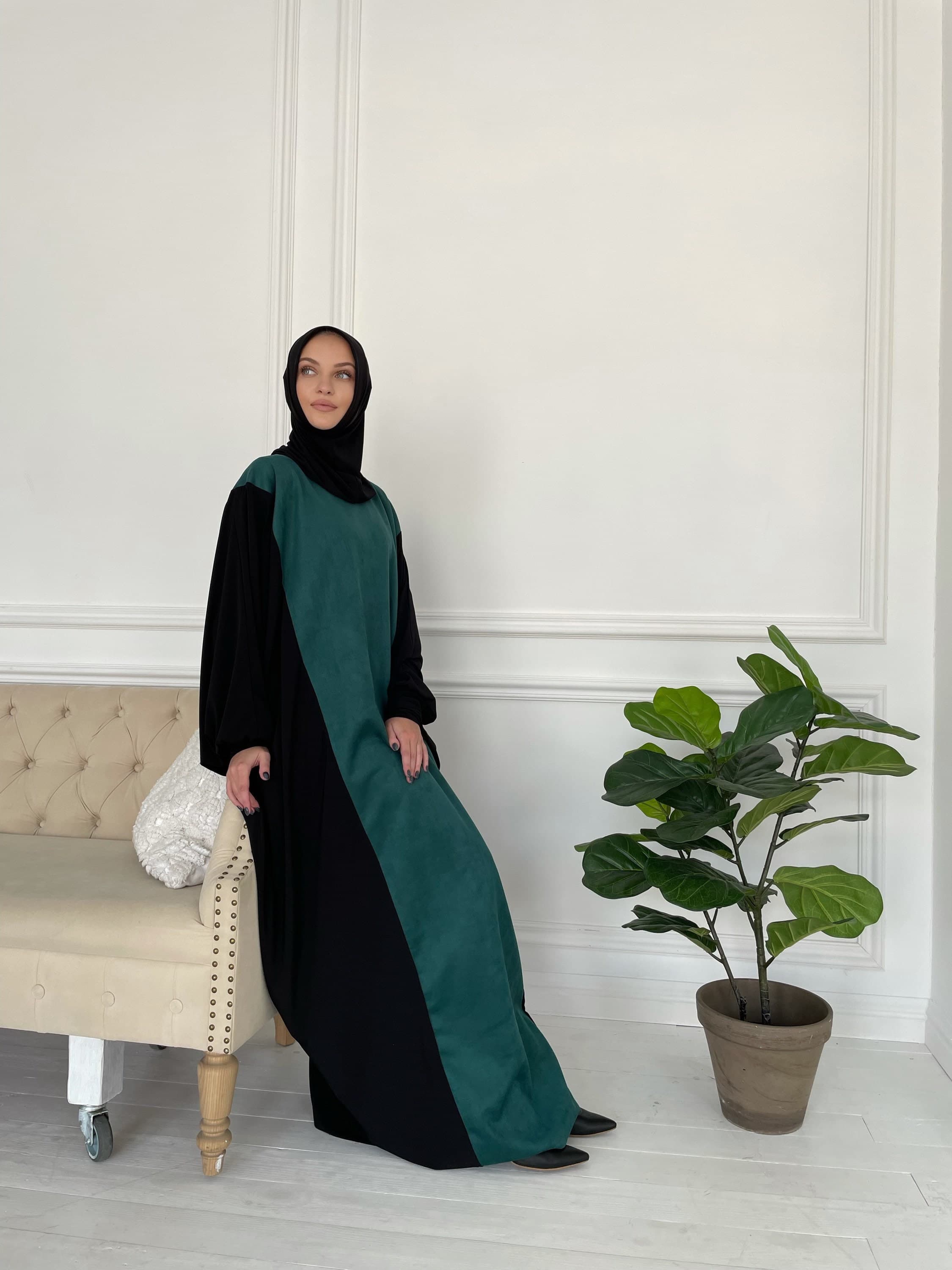 Emerald green suede loose fit dress with attached hijab muslim abaya - image 5
