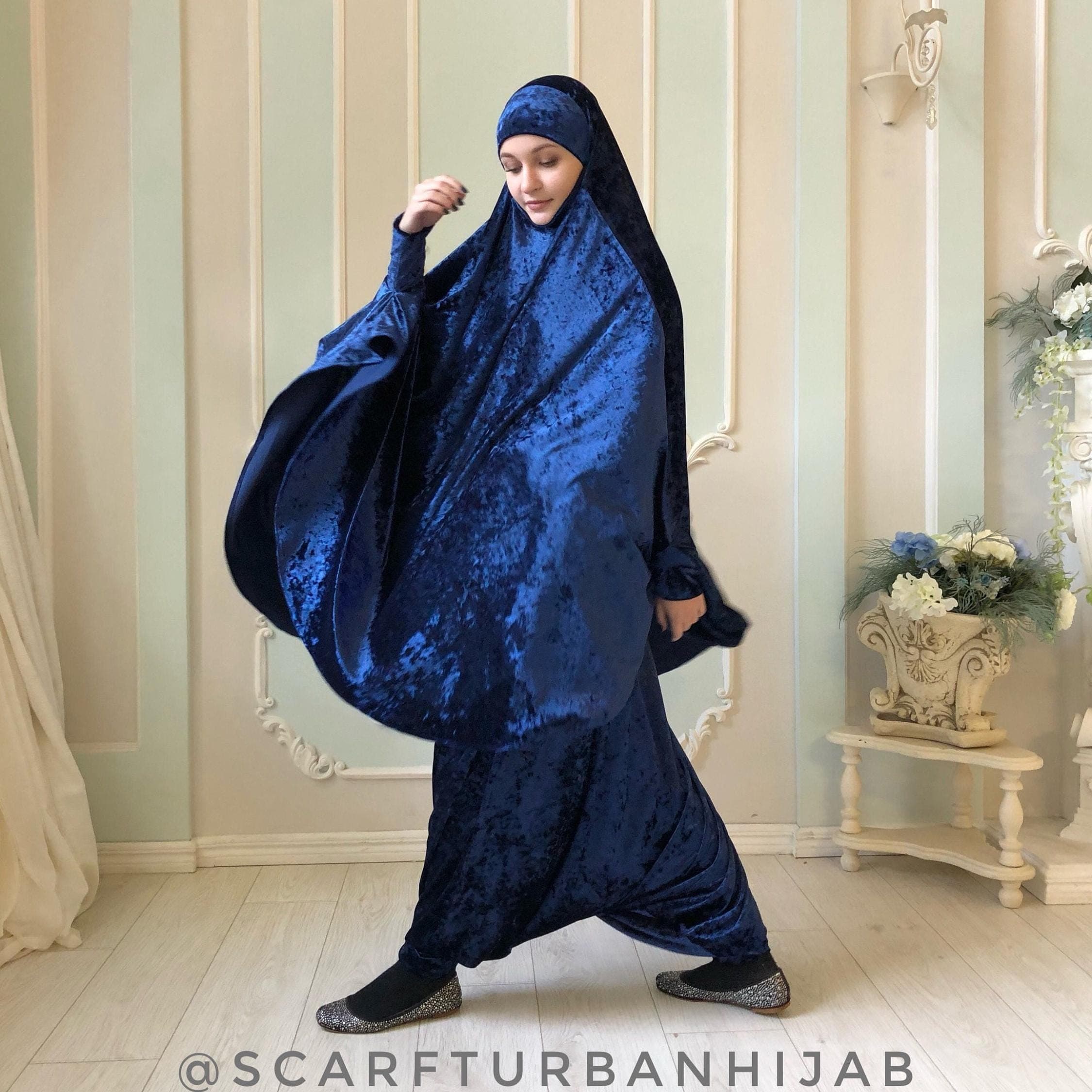Velvet Navy Blue French Khimar Suit, Muslim Harem Pants, Long Hijab, Size M-L