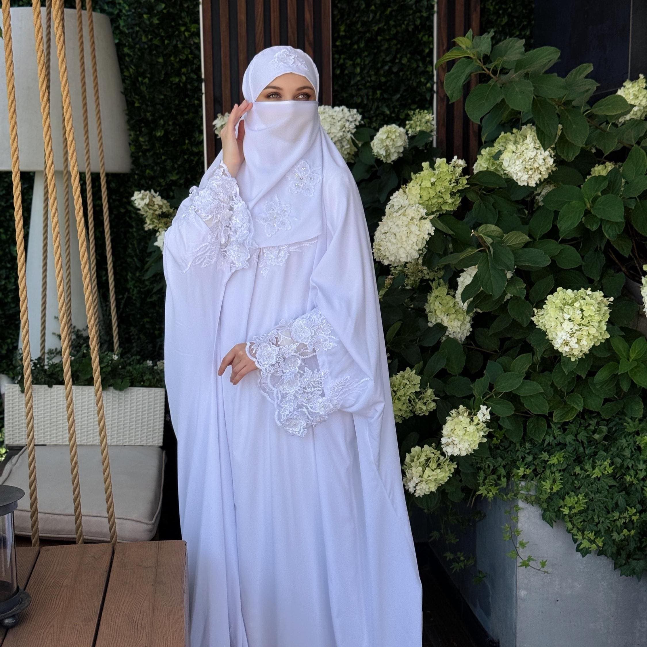White Bridal Jilbab, Lace Embroidery Khimar, Modest Islamic Wedding Dress, Handmade Abaya