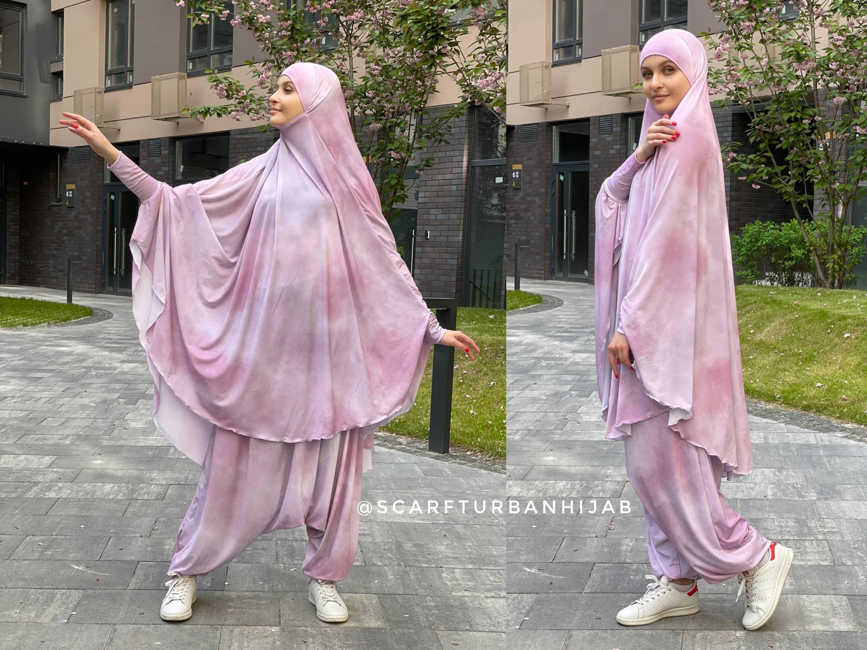 Pink Thai Dye French Khimar Suit, Sport Harem Pants, Long Hijab - image 3