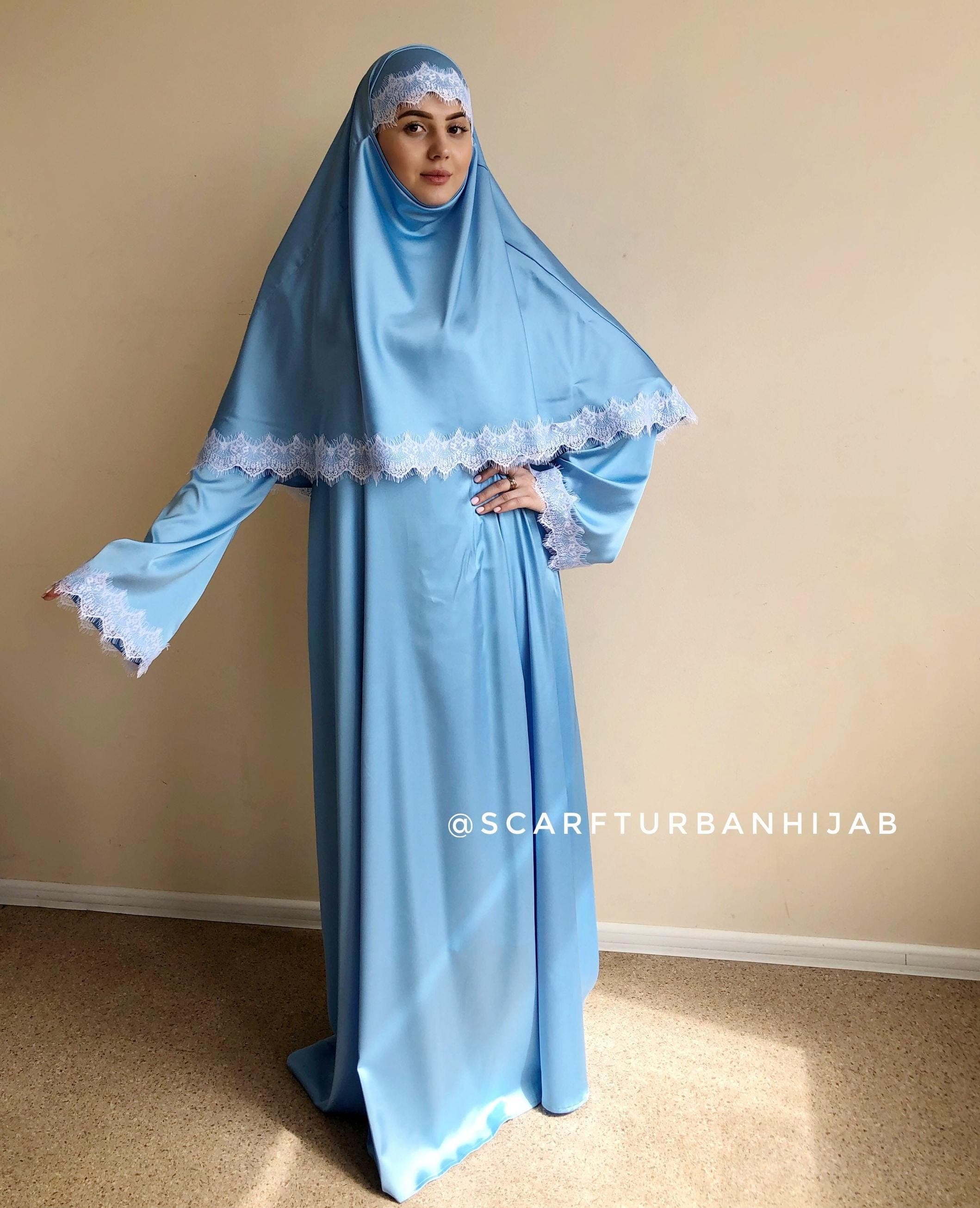 Sky Blue Silk Abaya Dress with Lace Hijab (Size 2 XL)