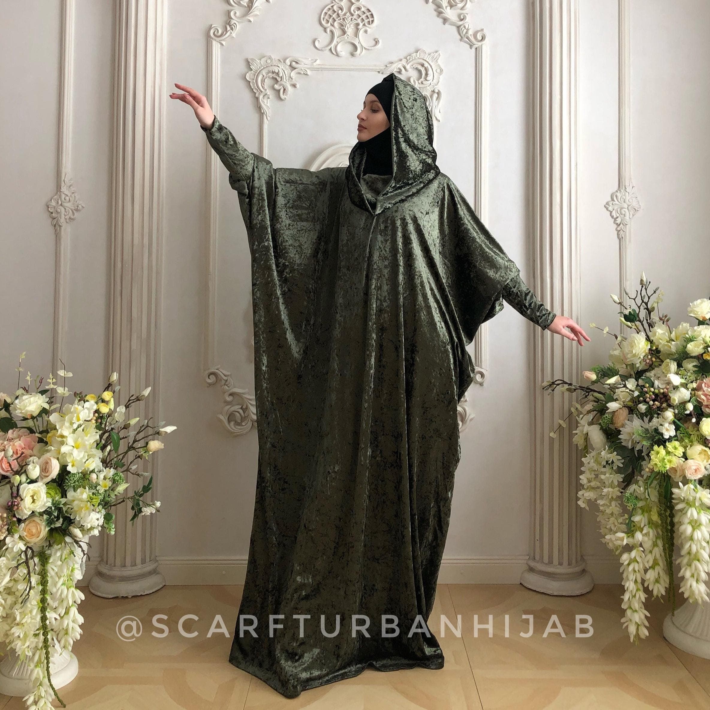 Khaki Velvet Hooded Maxi Dress, Plus Size Abaya
