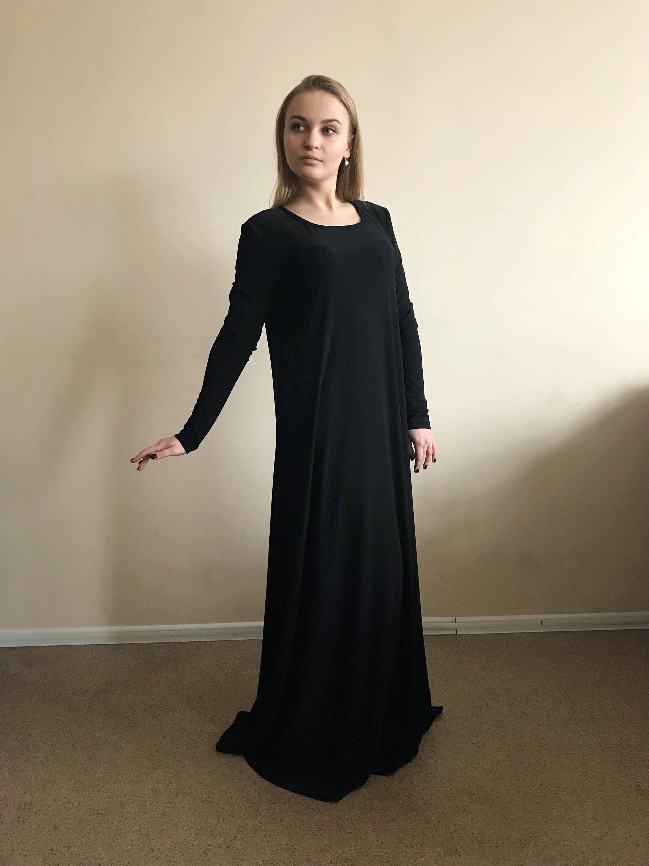 Black Jersey Maxi Dress, Long Sleeve Oversize Abaya, Elegant Basic Style - image 3
