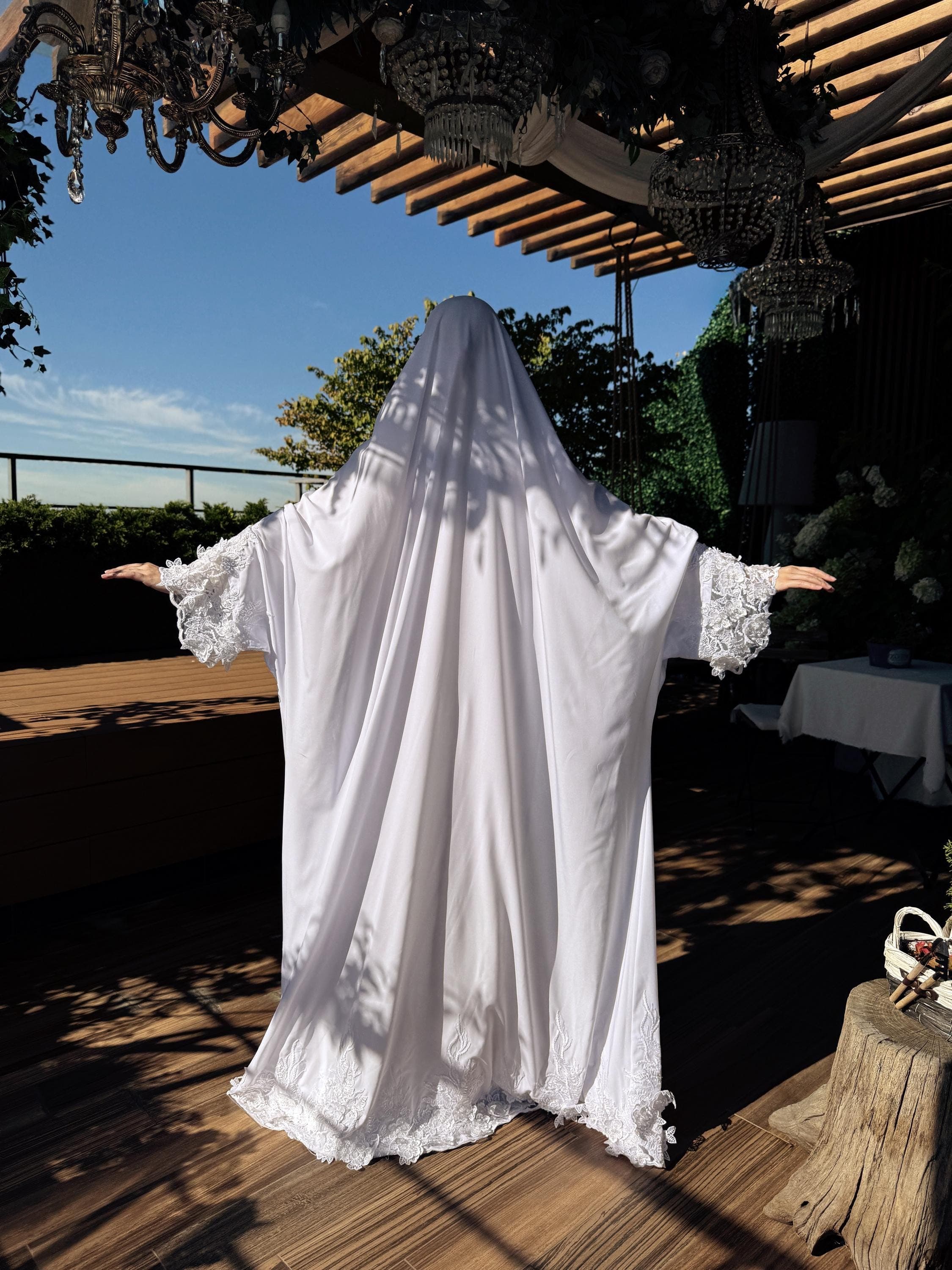 White Bridal Jilbab, Lace Embroidery Khimar, Modest Islamic Wedding Dress, Handmade Abaya - image 5