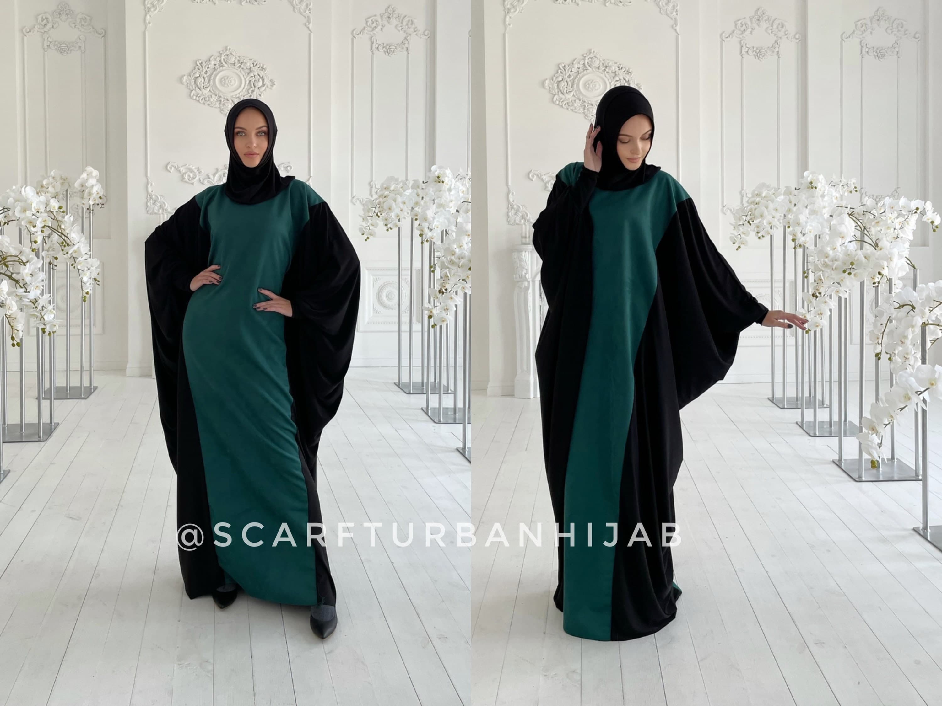 Emerald green suede loose fit dress with attached hijab muslim abaya - image 3