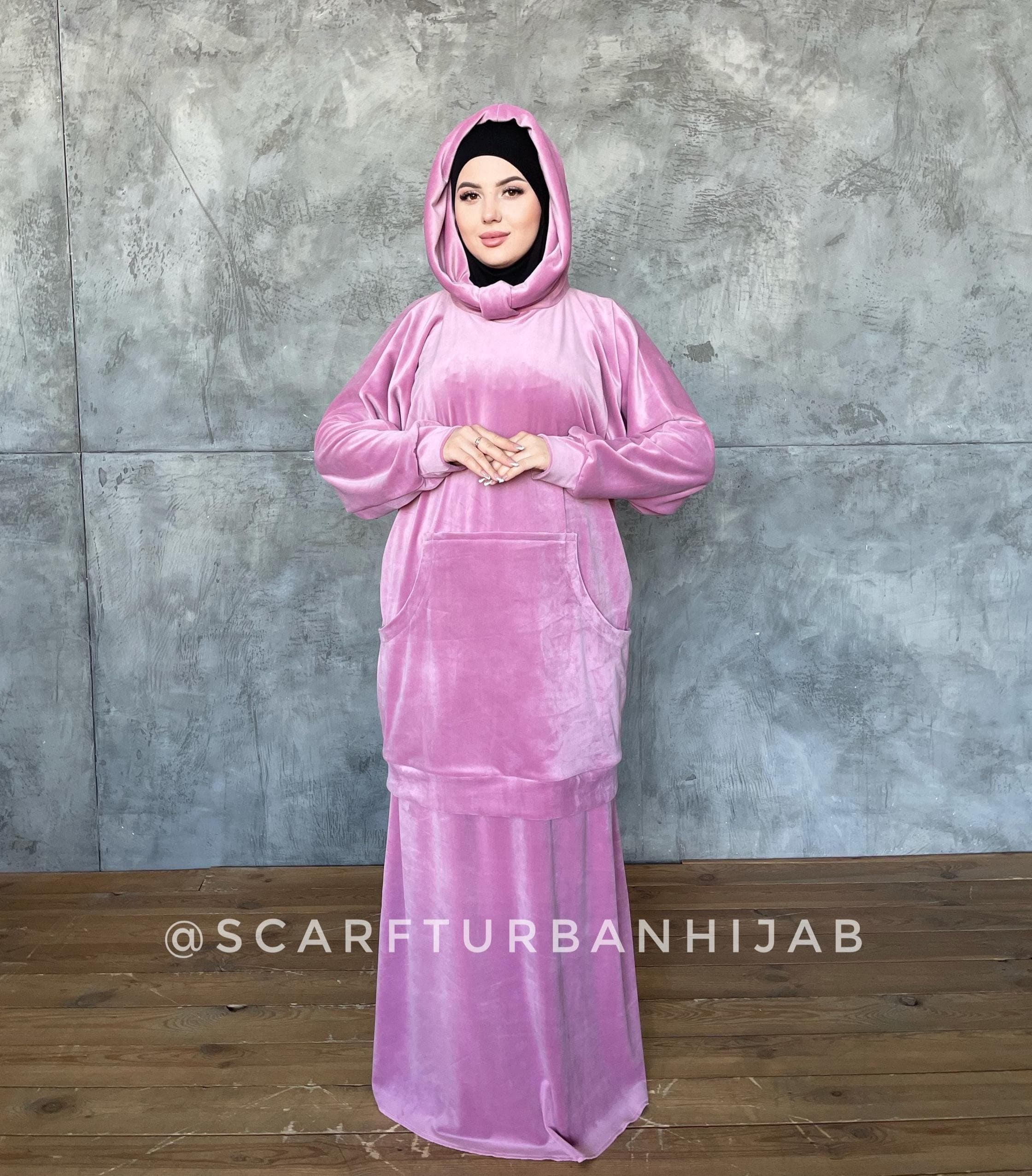 Size S - M Pink Sport suit with hood , Muslim clothing, hijab plush velour