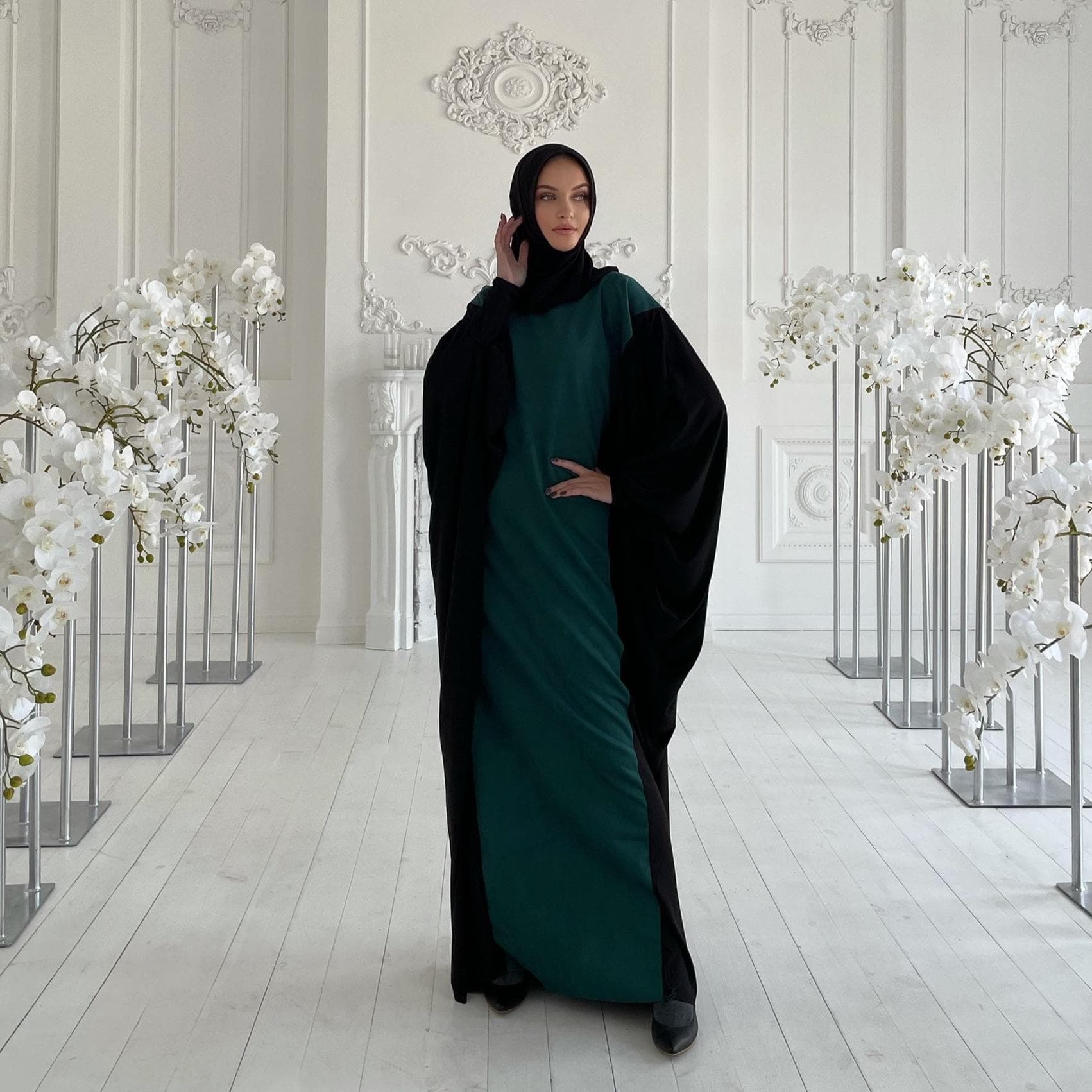 Emerald green suede loose fit dress with attached hijab muslim abaya