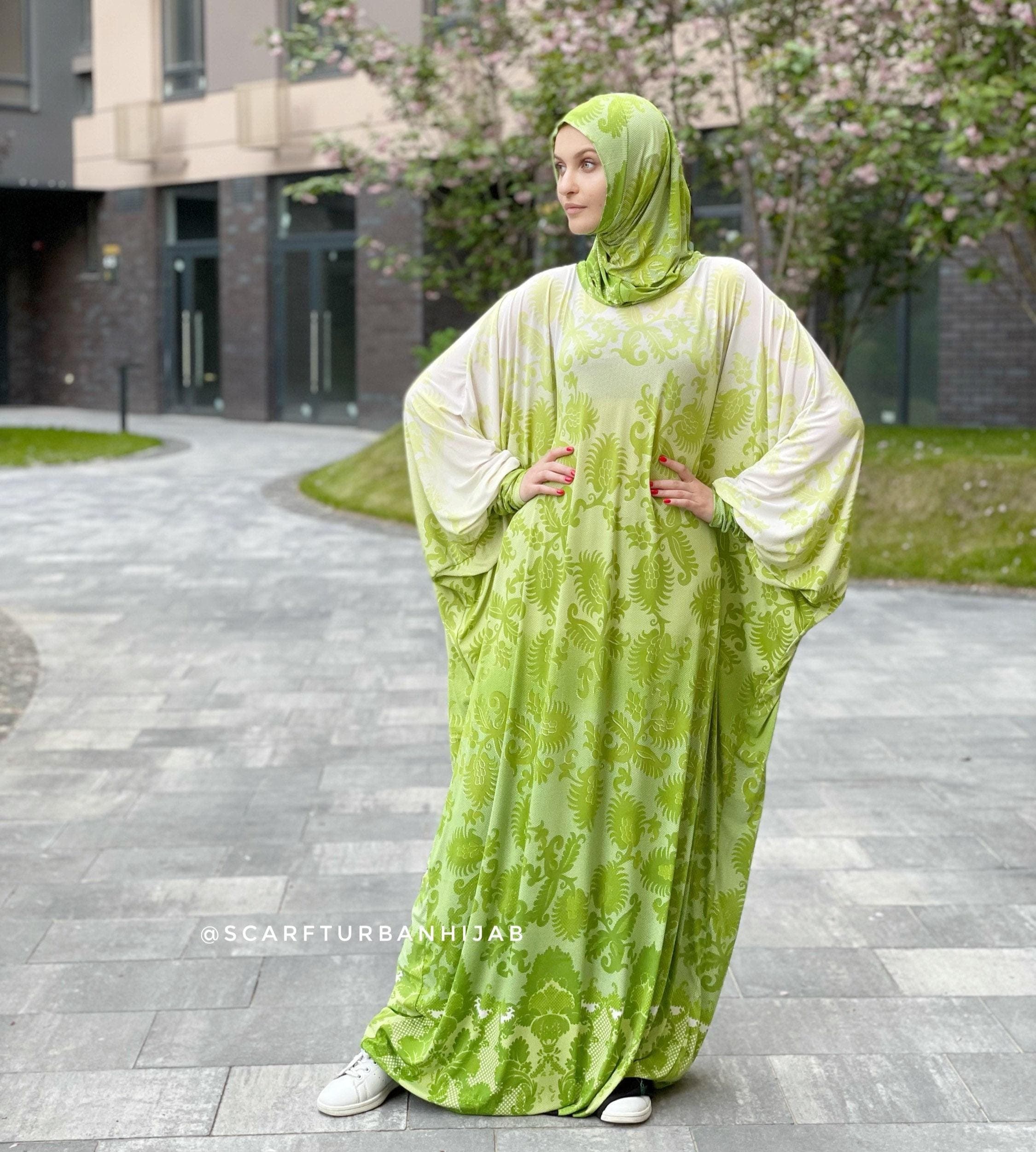 Green Gradient Jersey Caftan Abaya Dress, Attached Hijab, Plus Size