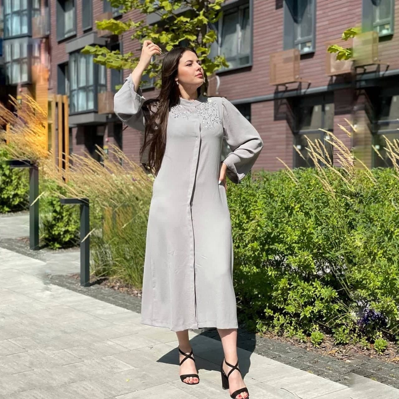 Light Grey Crepe Maxi Dress, Embellished Shoulder, Nursing Friendly - image 5
