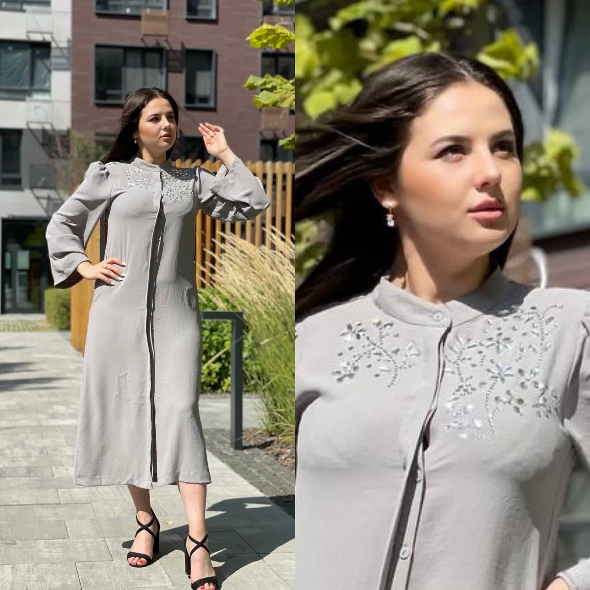Light Grey Crepe Maxi Dress, Embellished Shoulder, Nursing Friendly - image 3