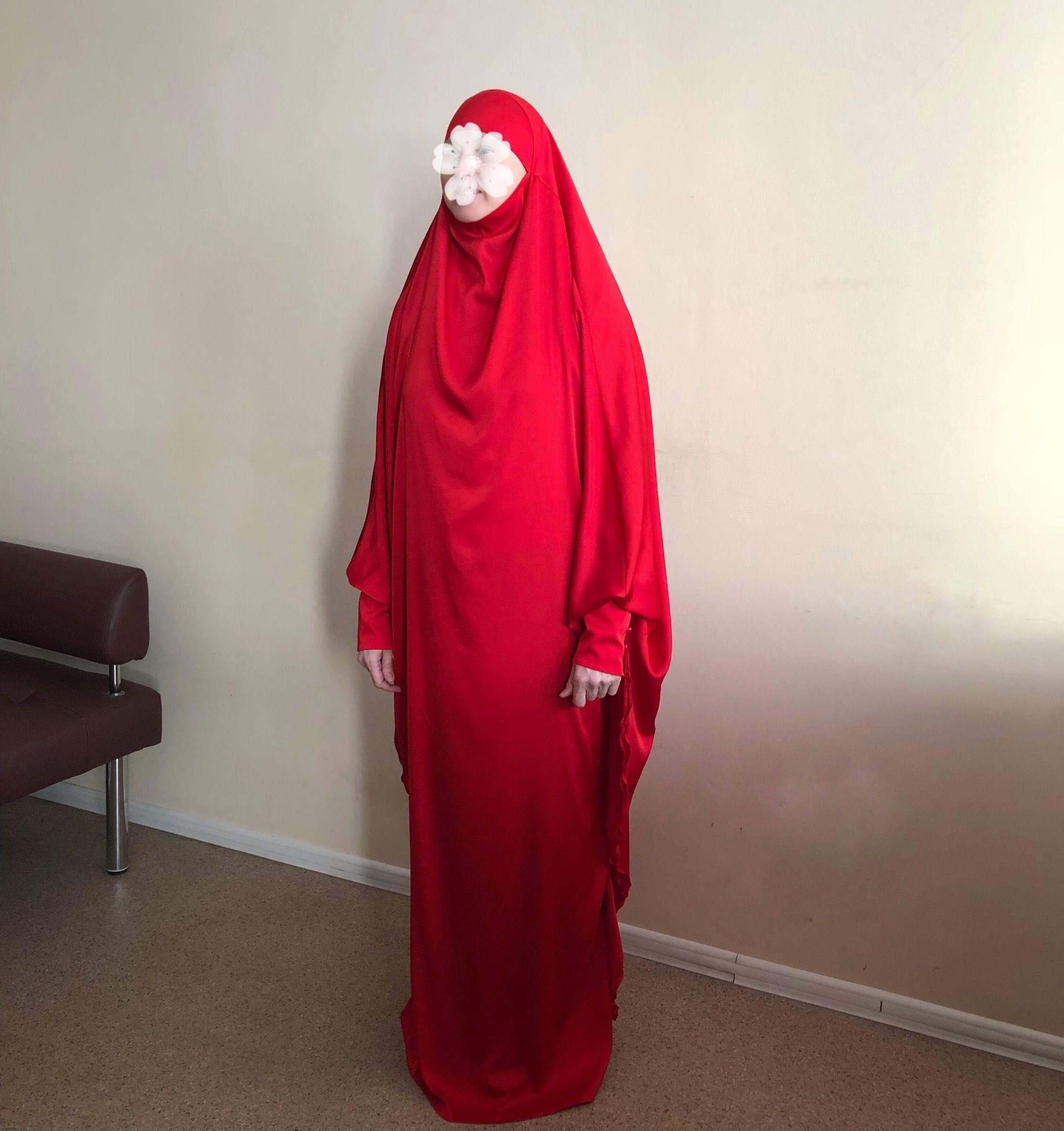 Long Red Silk Khimar, Elegant Muslim Hijab, Nikkah Burqa