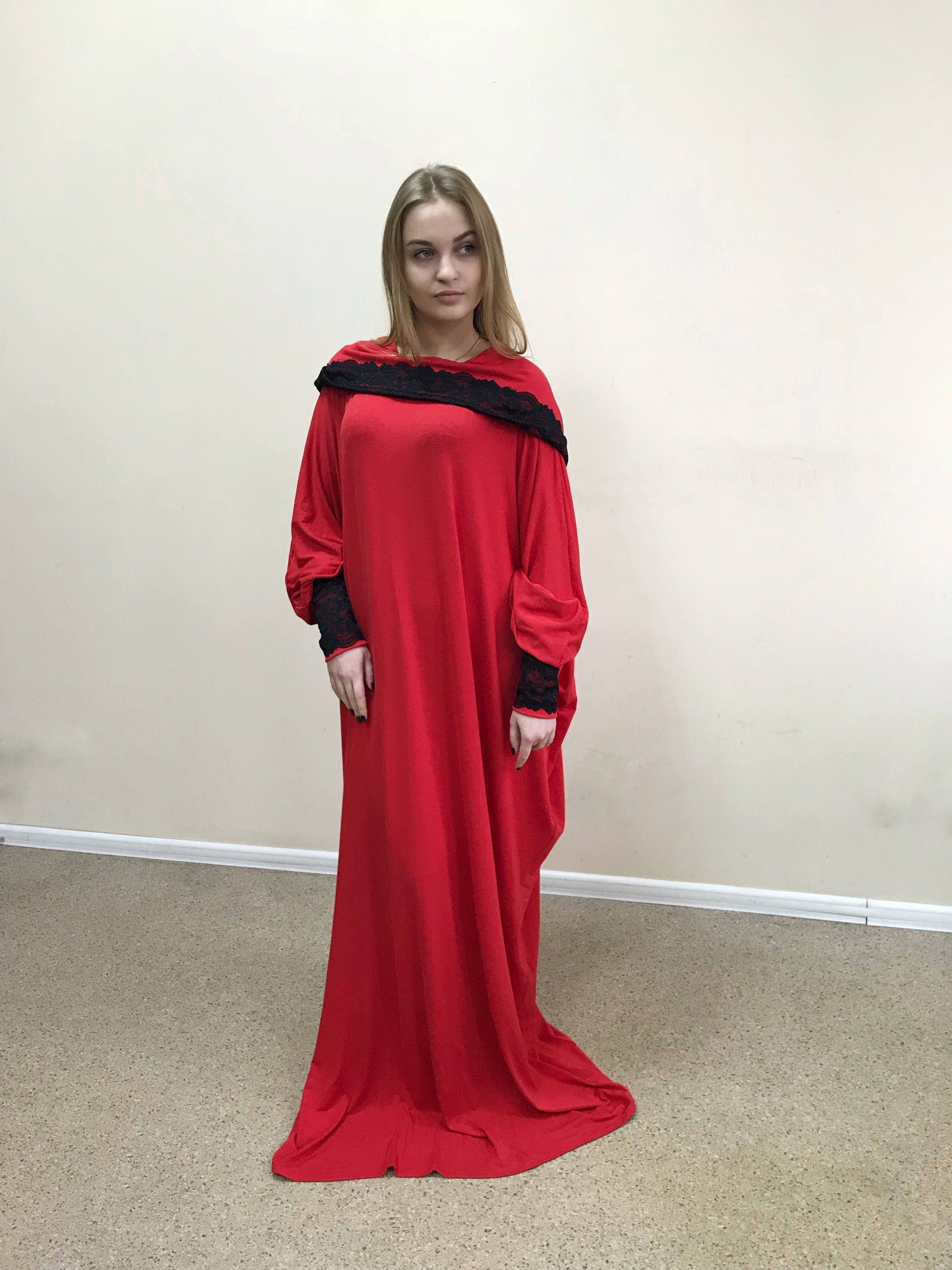 Red Hooded Maxi Dress, Elegant Lace Cuffs, Plus Size Kaftan - image 5