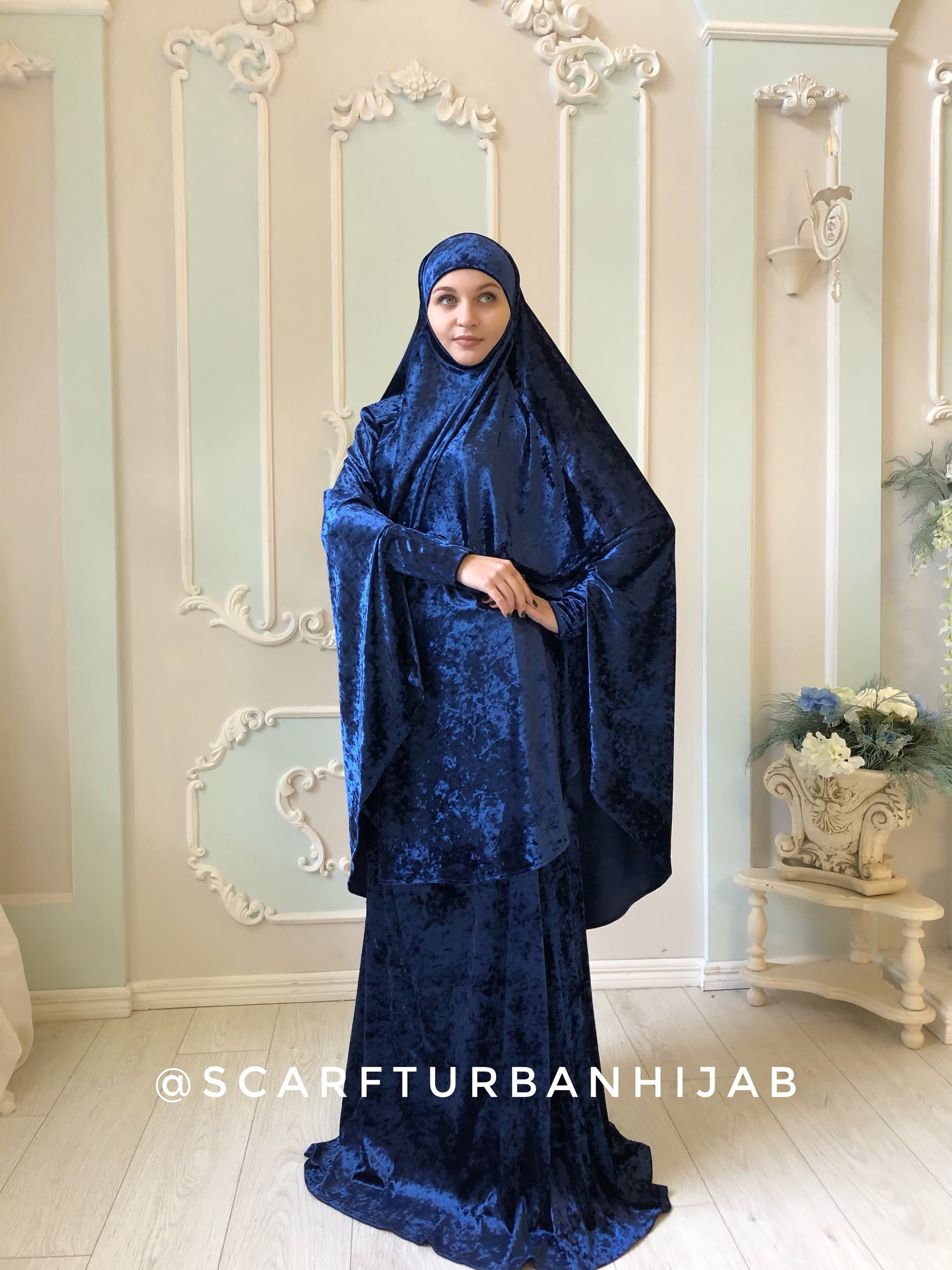 Navy Blue Velvet Jilbab Suit, Transformer Khimar, Muslim Dress - image 5