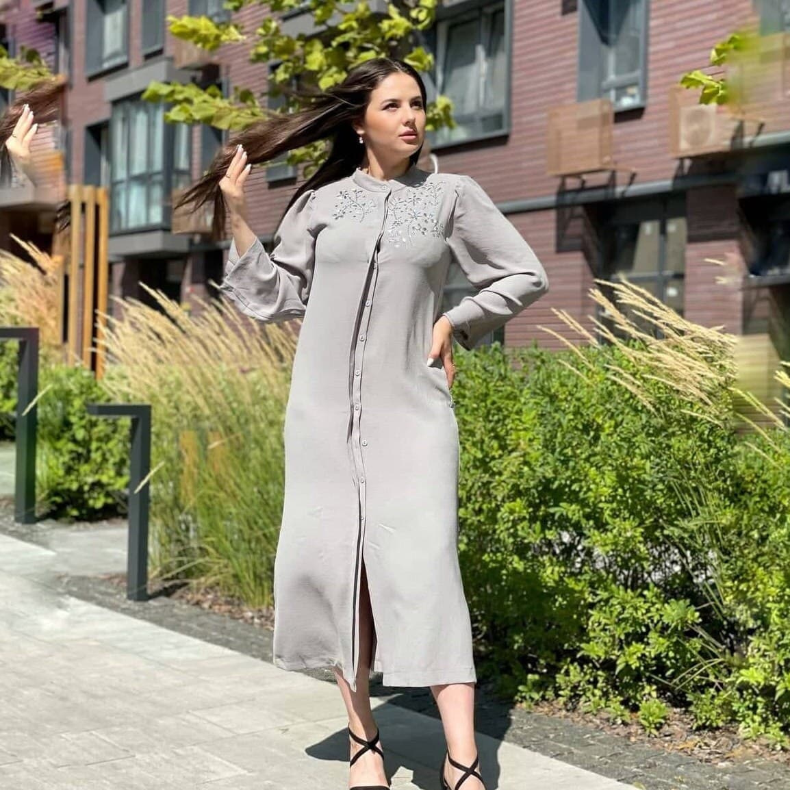 Light Grey Crepe Maxi Dress, Embellished Shoulder, Nursing Friendly