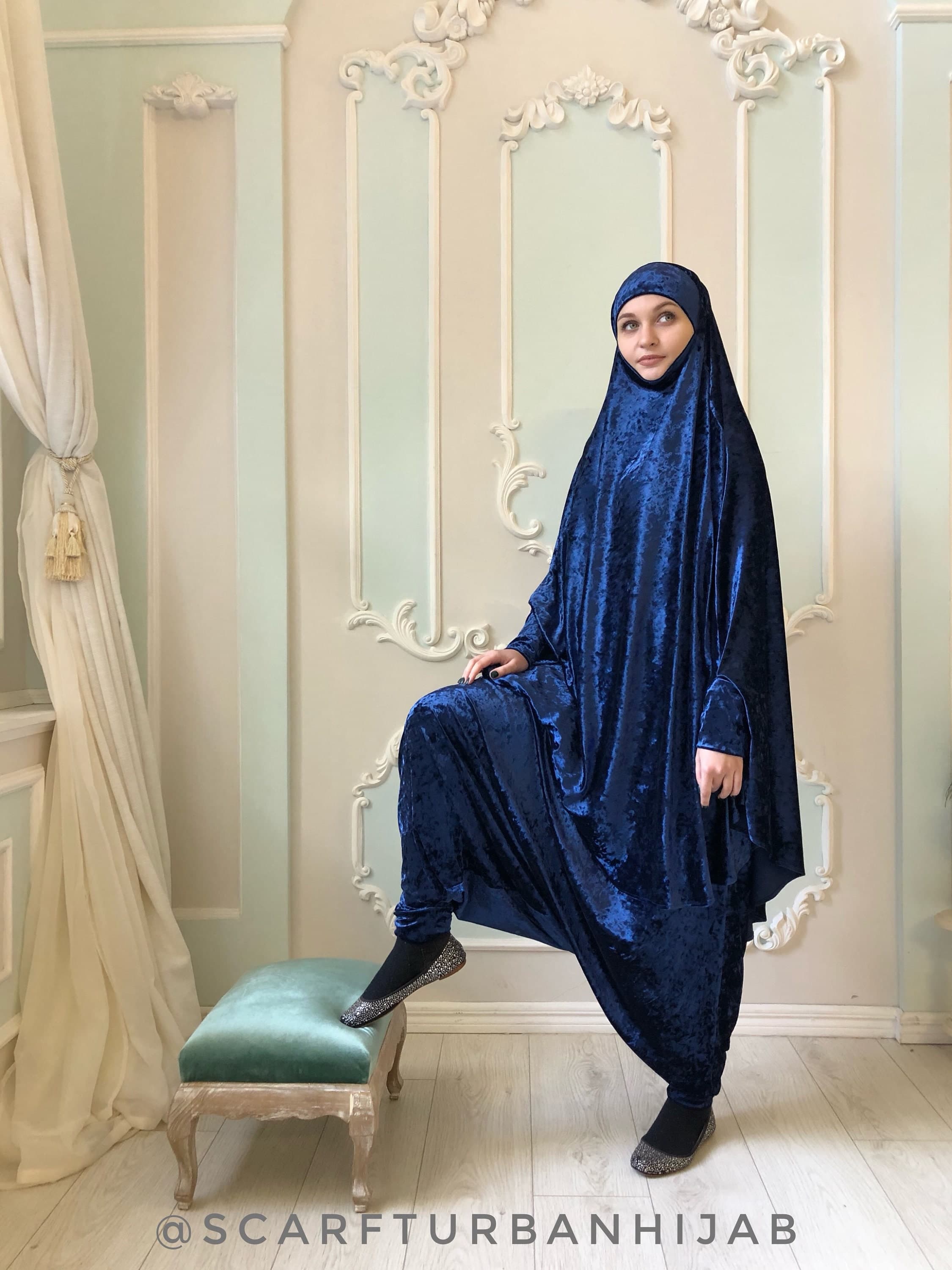 Velvet Navy Blue French Khimar Suit, Muslim Harem Pants, Long Hijab, Size M-L - image 5