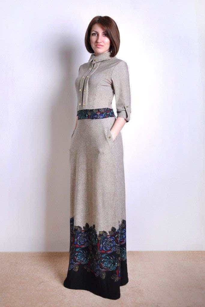 Beige Elegant Maxi Knit Dress with Floral Hem and Decorative Chest Fasteners
