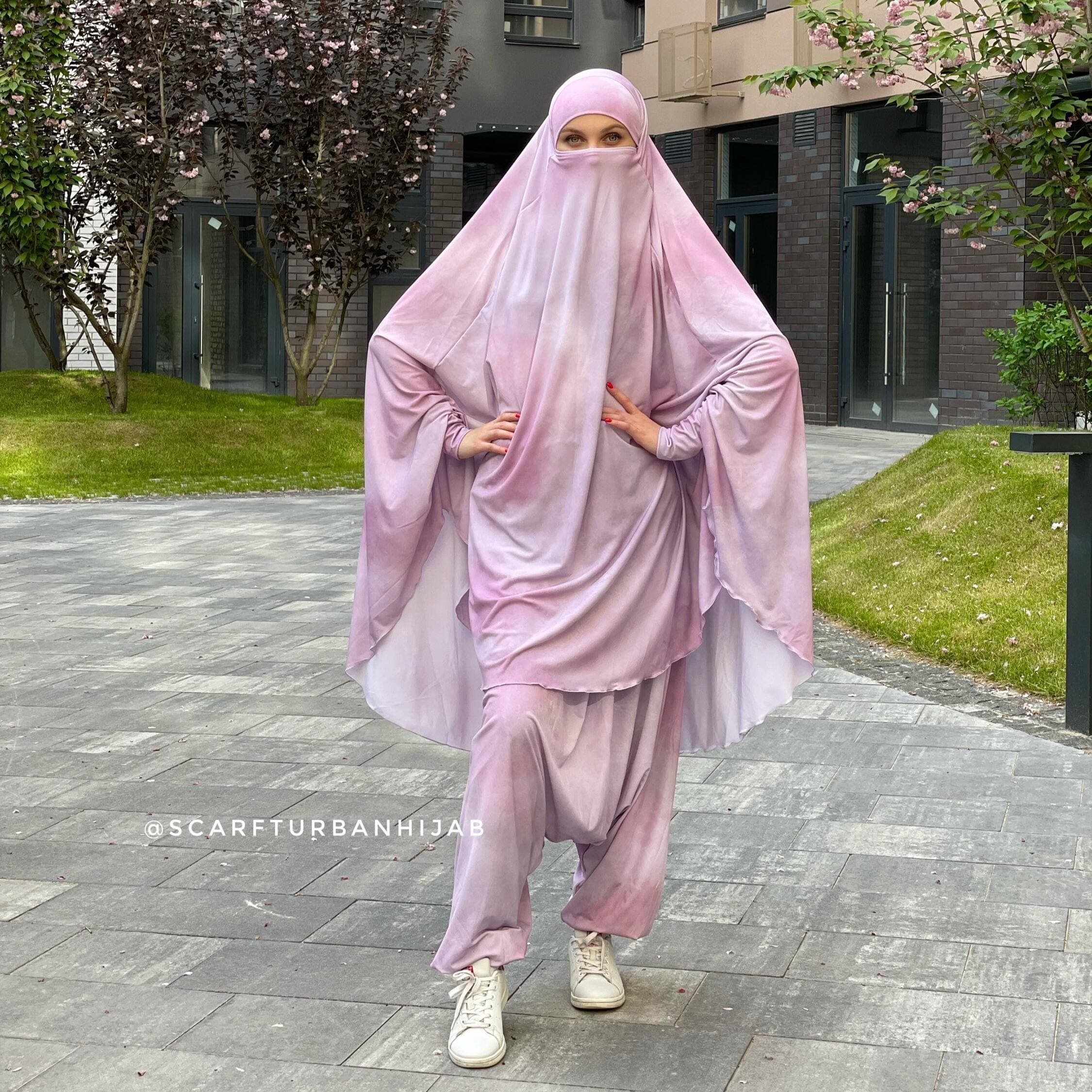 Pink Thai Dye French Khimar Suit, Sport Harem Pants, Long Hijab - image 4