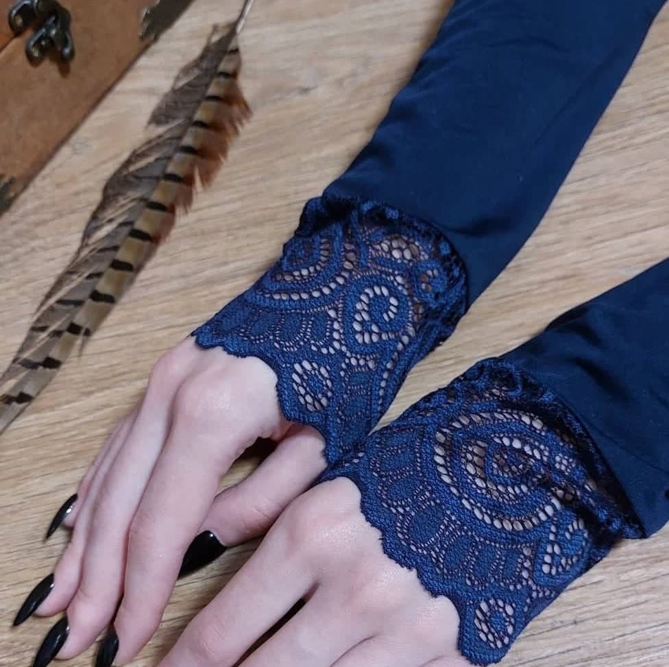 Lace Cuff Arm Sleeves - Dark Blue Knitted Mitts, Muslim Accessory