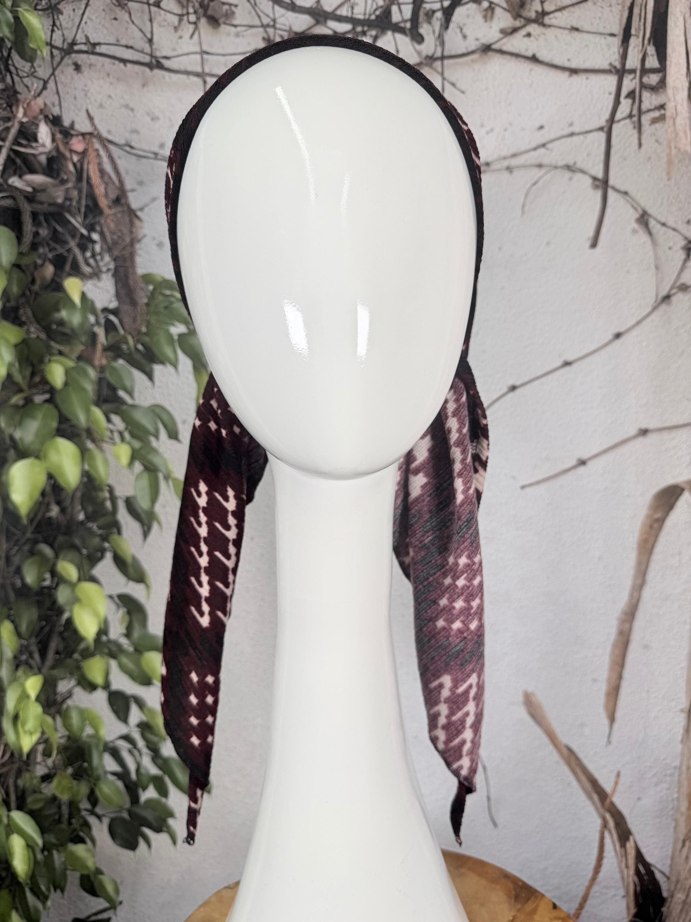 Stretchy Pretied Tichel - Textured Burgundy Houndstooth-pretieds-The Little Tichel Lady