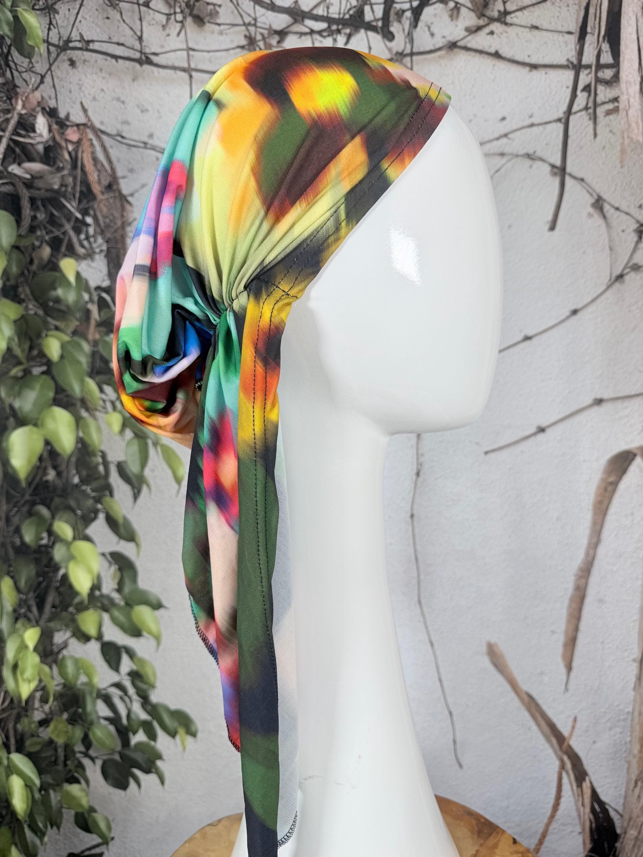 Stretchy Pre Tied Tichel Headscarf for Women, Watercolor Print, Standard Tails, Slip On Bandana Headcover, Chemo Headwear Convenient