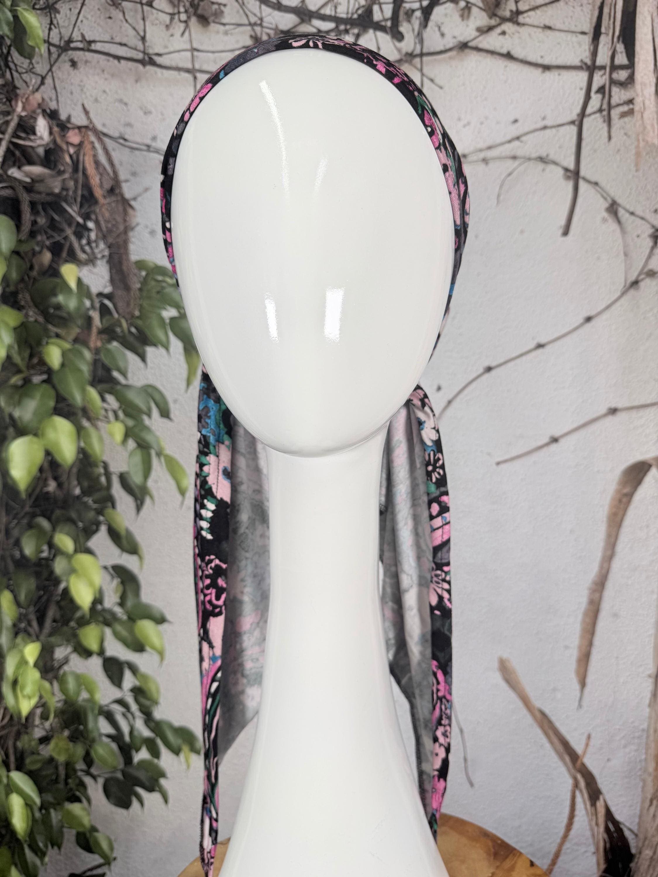 Stretchy Pretied Tichel - Black/Pink Floral Paisley-pretieds-The Little Tichel Lady
