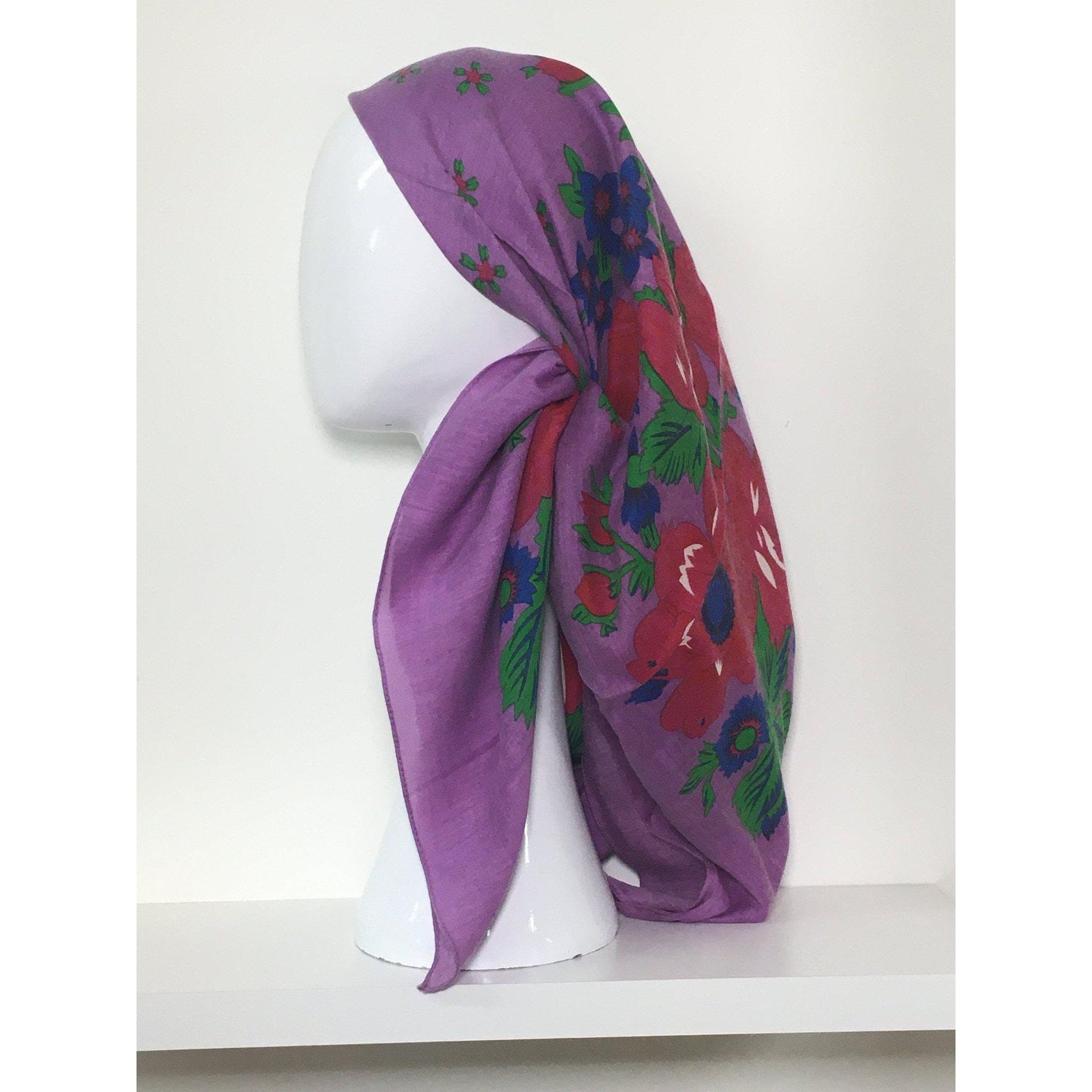 Ukrainian Head Scarf, Purple Floral LARGE Square Babushka Head Covering, Cancer Gifts, Chemo Headwear, Tichel, Hijab Scarf, Bandana, Tichel