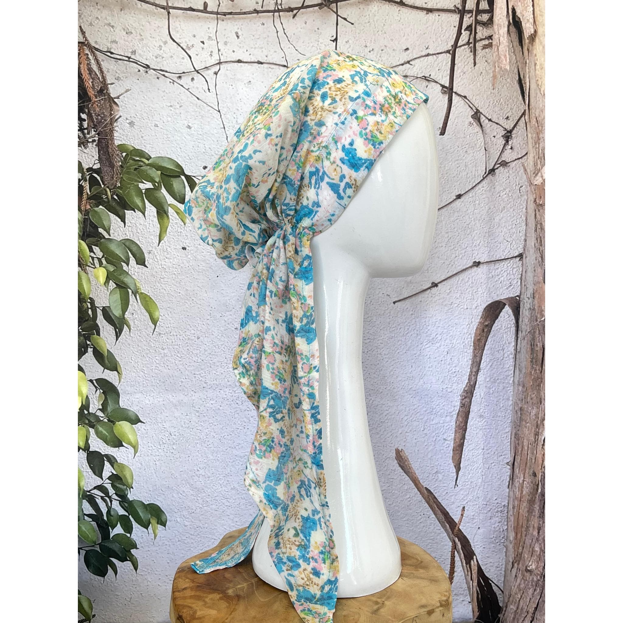 Lightweight Pre Tied Head Scarf, Everblooming Print, Velvet Band Attached, Adjustable Band, Non Slip, Slip On Chemo Headwear, Tichel Lady