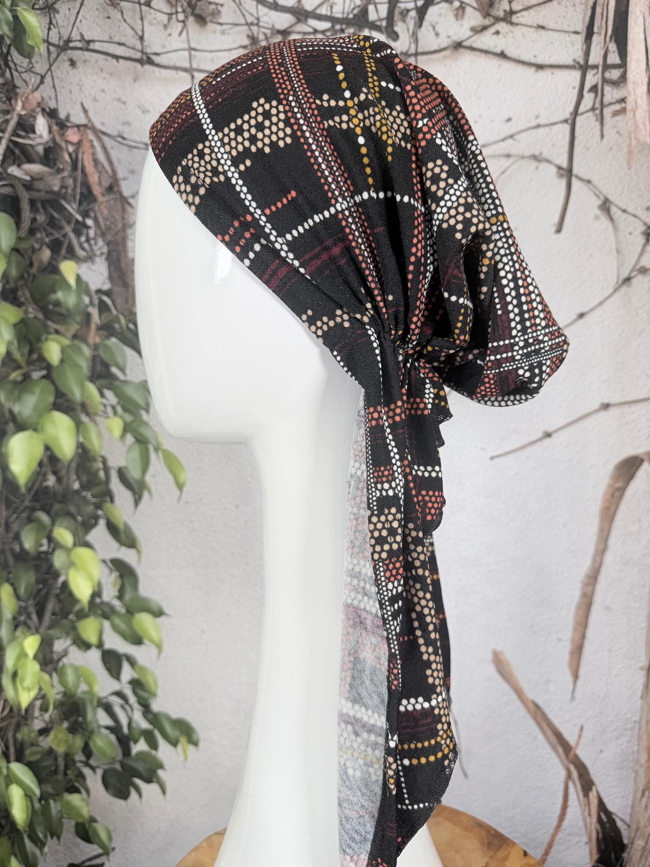Stretchy Pretied Tichel - Black/Neutral Print-pretieds-The Little Tichel Lady