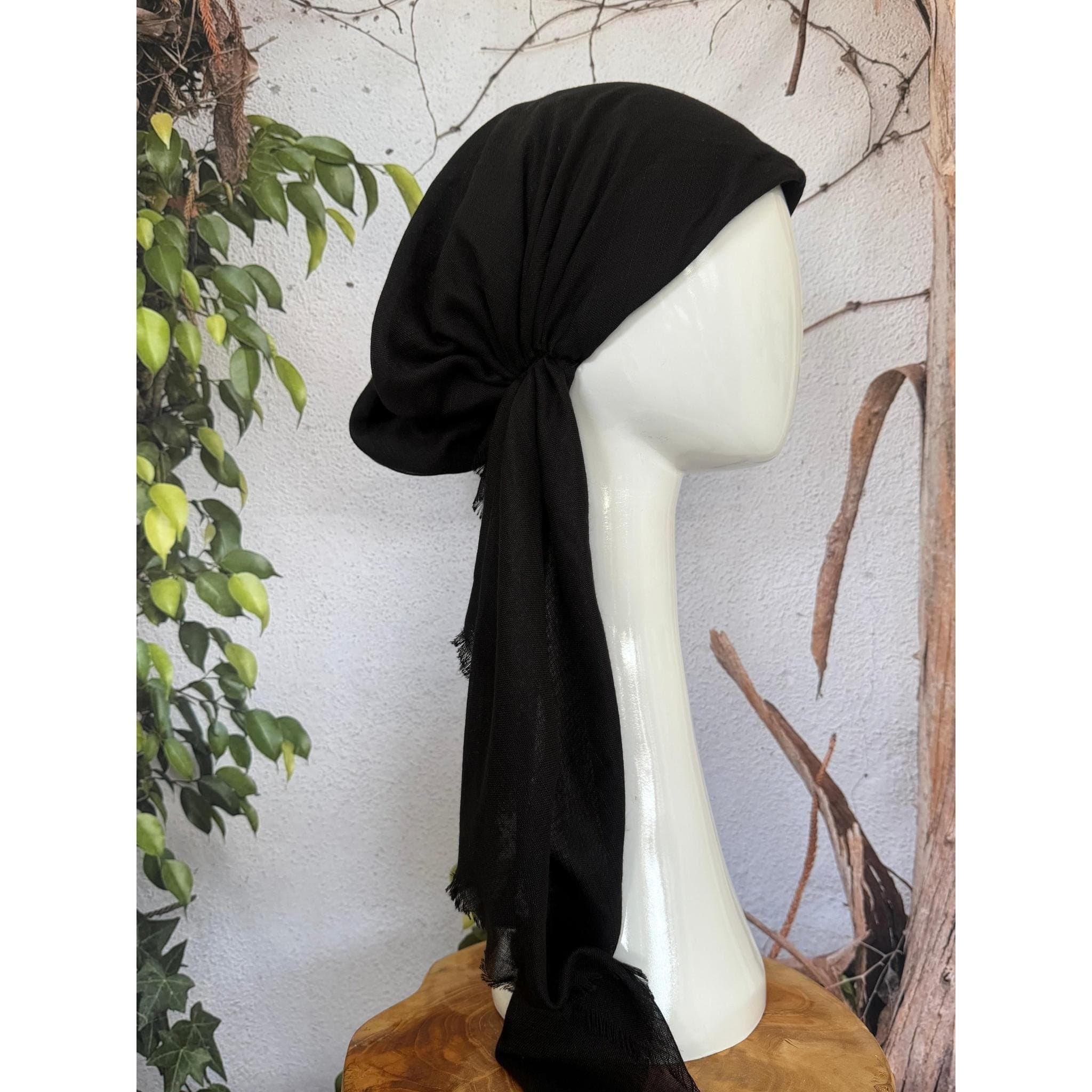 Pre Tied Head Scarf for Women, NON-SLIP Band Attached, Black, Cotton Textured Long Tails, Chemo Headwear, Slip On Bandana Headcover, Tichel