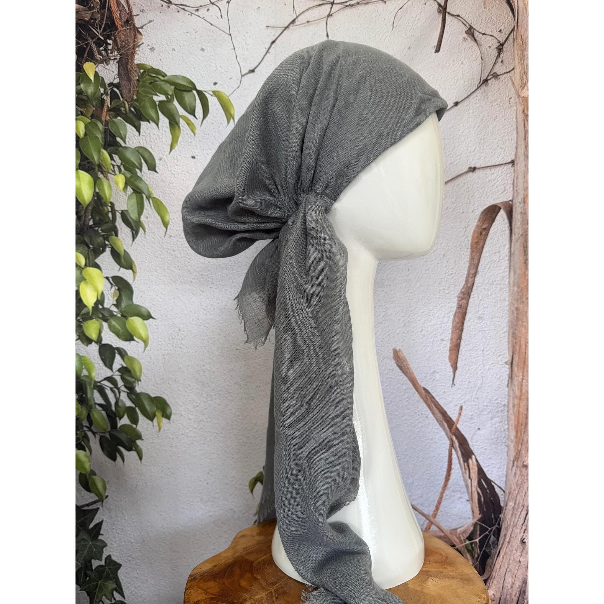 Pre Tied Head Scarf for Women, NON-SLIP Band Attached, Silver Gray, Cotton Textured Long Tails, Chemo Headwear, Slip On Bandana Cover Tichel
