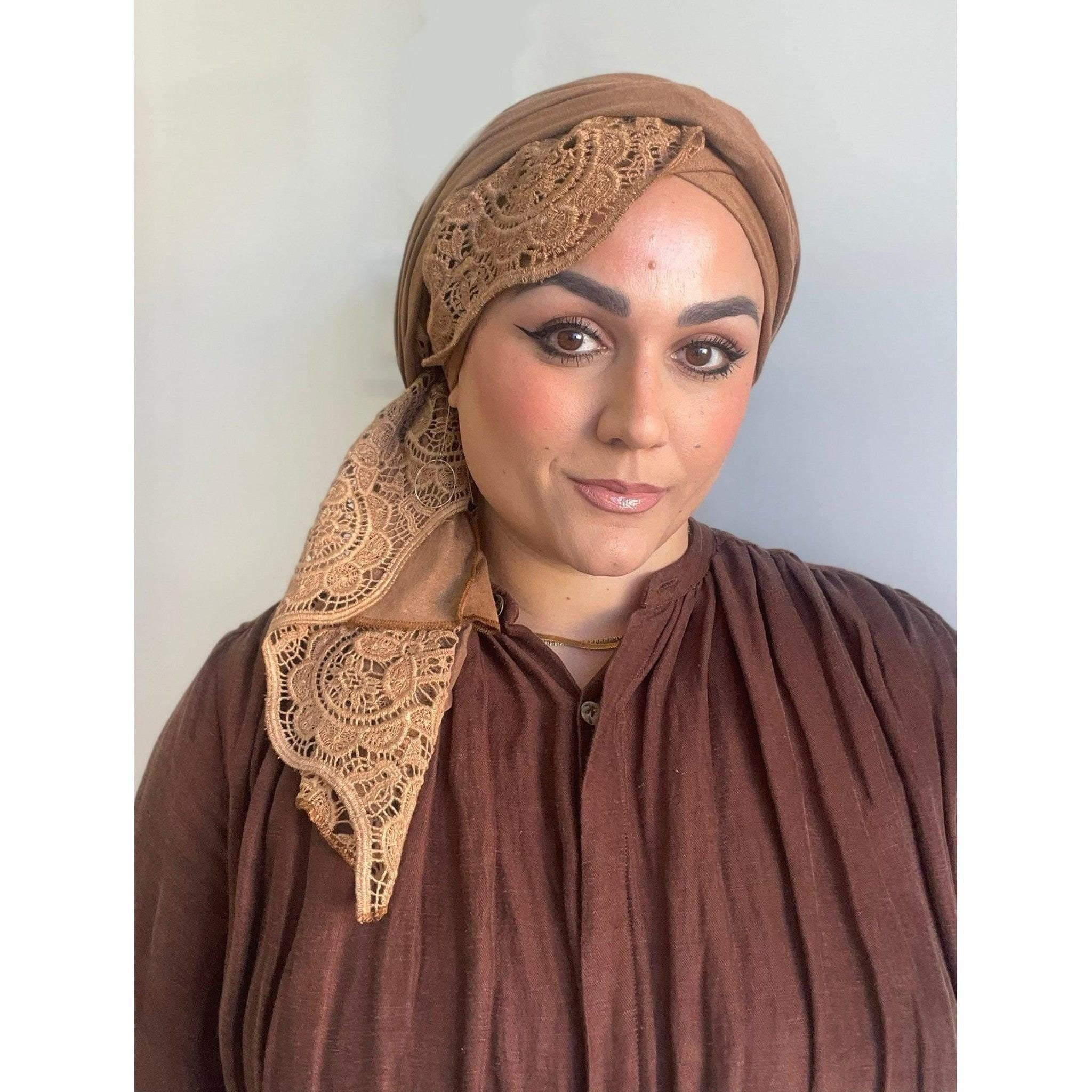 Head Scarf for Women, Neutral Faux Suede w/ Lace Headwrap, Elegant Hijab Wrap, Chemo Headwear, Israeli Head Covering, Little Tichel Lady