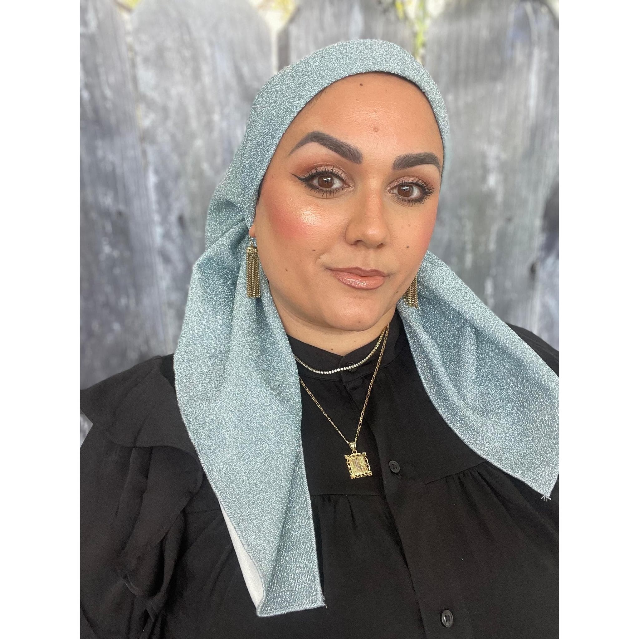 Elegant Stretchy Shimmery Square Scarf for Women, Sky Blue, Fancy Bandana Head Cover, Chemo Headwear, Cancer Gift Square Hijab Tichel Lady
