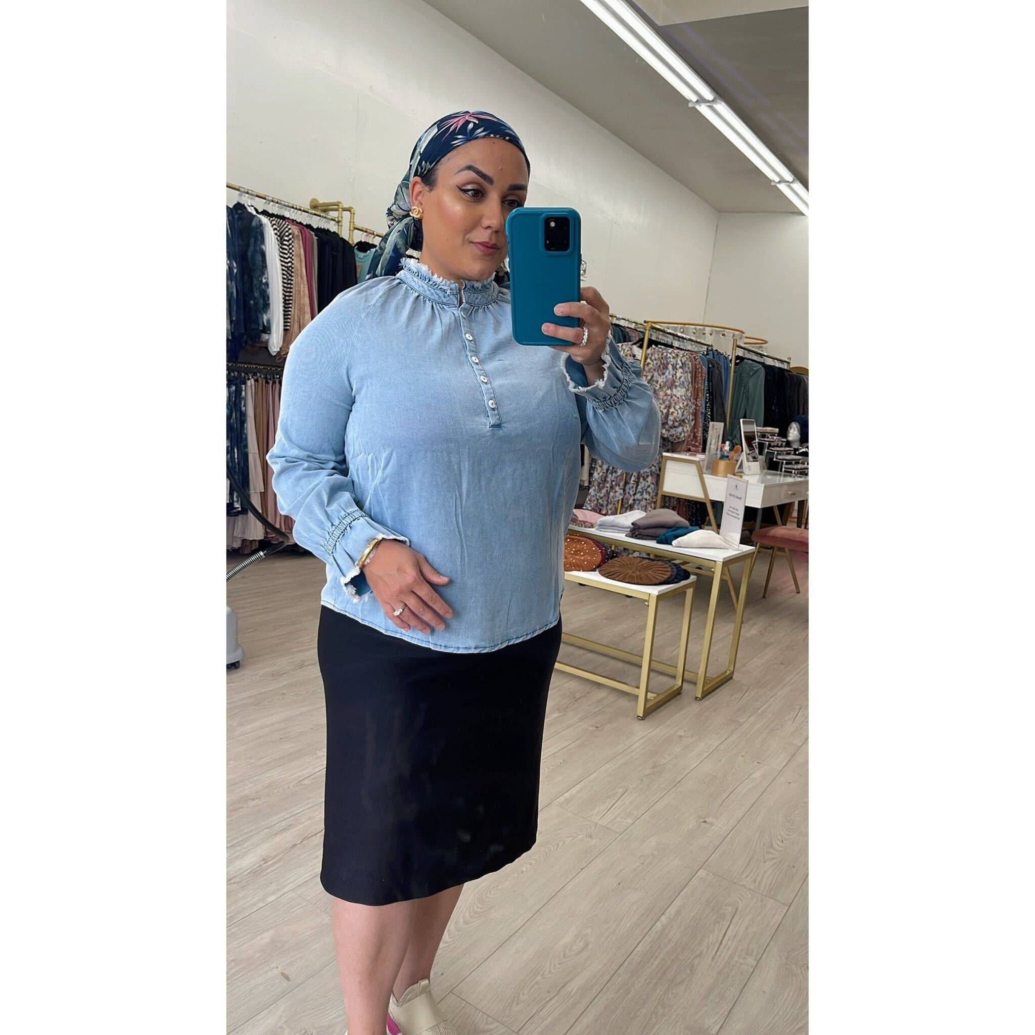 Faux Denim Top for Women w/ Frayed Details, Comfortable Modest Shirt, Crew Neckline w/ Buttons