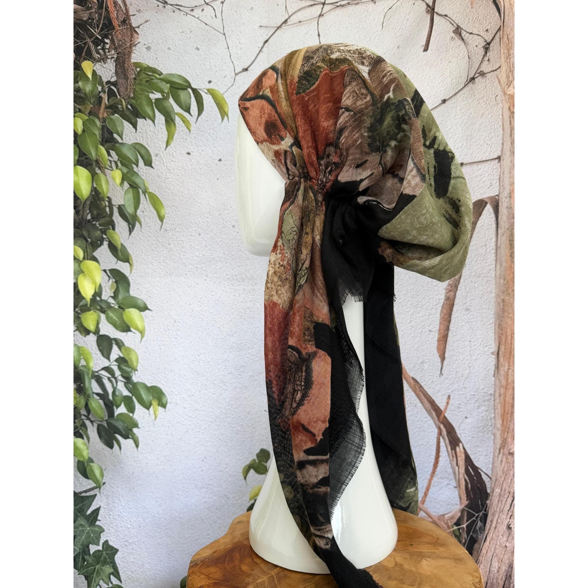 Turkish Cotton Textured NON-SLIP Print Pretied w/ Long Tails - Black/Olive-pretieds-The Little Tichel Lady