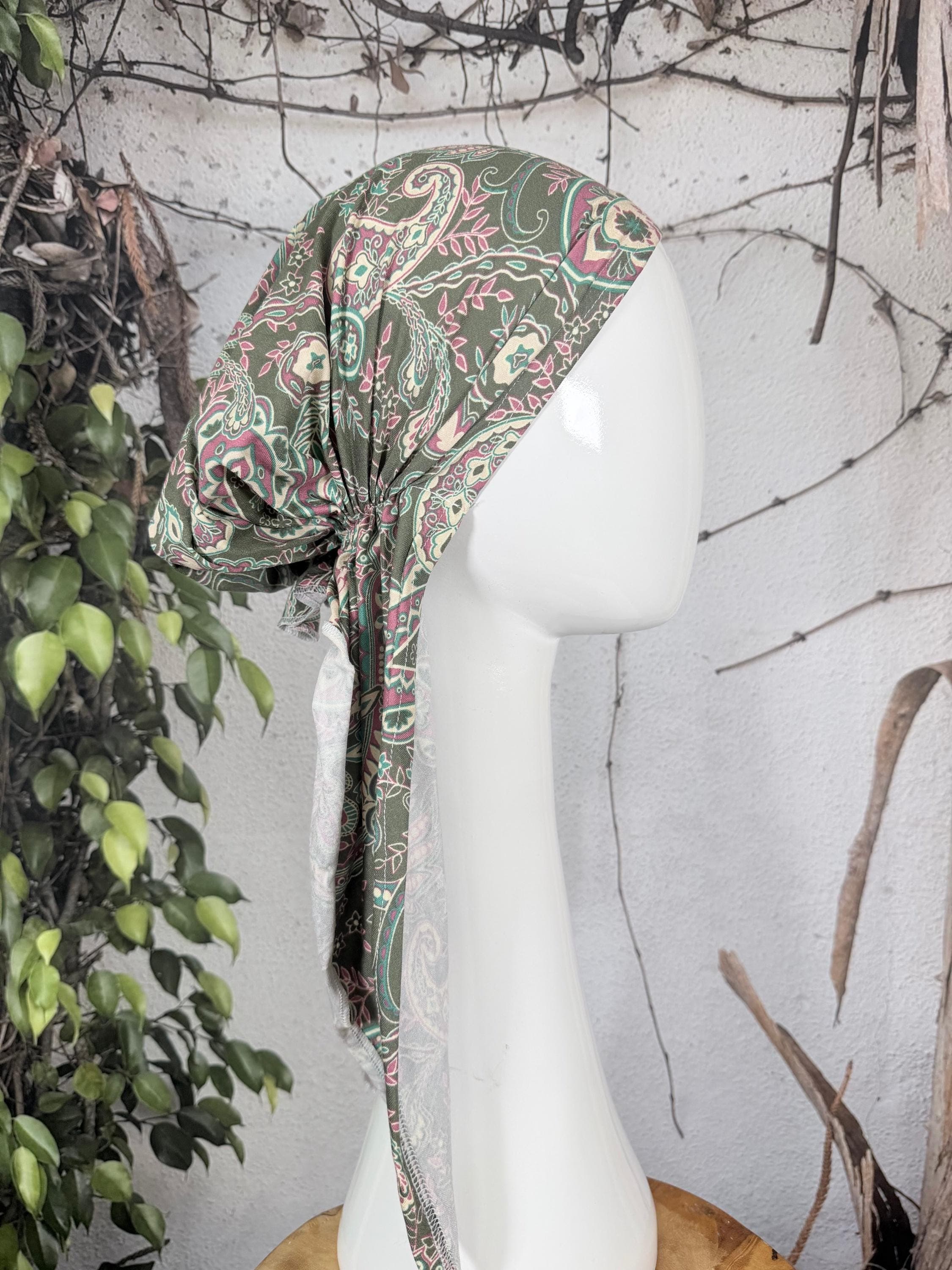 Stretchy Pre Tied Tichel Headscarf for Women, Olive Paisley Print, Standard Tails, Slip On Bandana Headcover, Chemo Headwear Convenient
