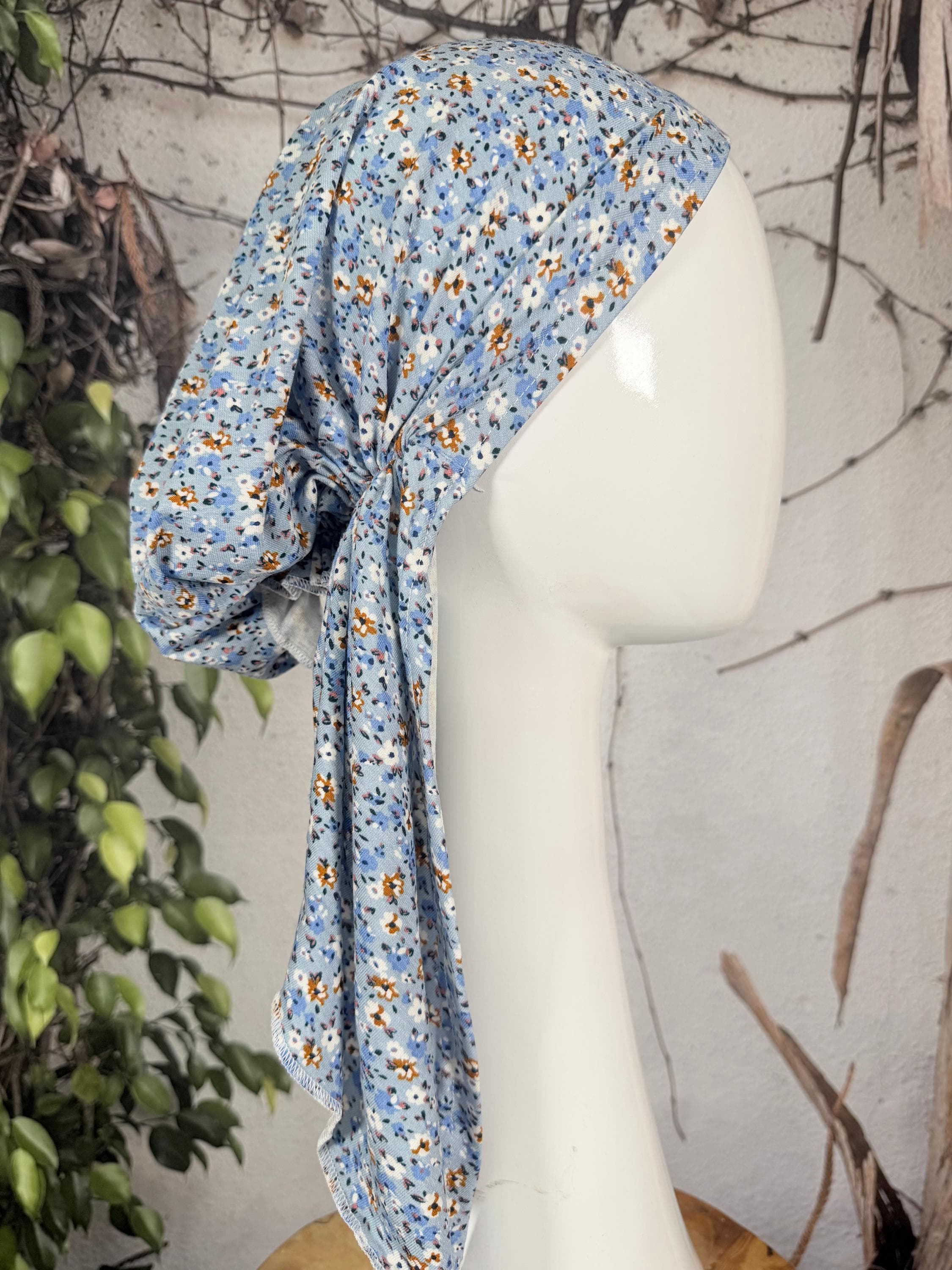 Stretchy Pre Tied Tichel Headscarf for Women, Blue Mini Floral Print, Standard Tails, Slip On Bandana Headcover, Chemo Headwear Convenient